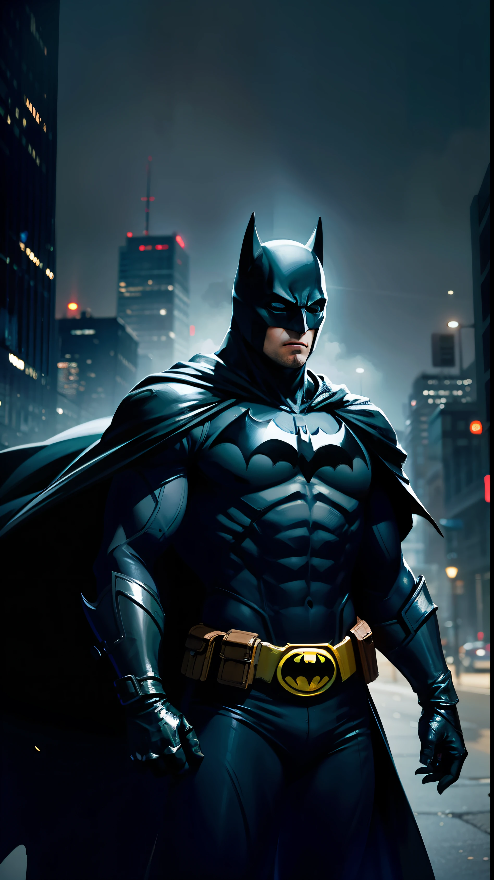 SBen Affleck as Batman. The natural, beautiful, dramatic, dashing, award-winning headstyle, is a real masterpiece of masculine beauty, the face as in the movie, completing the anatomical perfection of a man standing tall in an abandoned city. The setting lighting accentuates the movie-like Batman costume which adds to his confidence. The scenery is lush and mysterious, with the dark city and its surroundings. The camera details everything.  When looking into beautiful eyes, there are eyes that will attract people. His gaze is on the viewer, you can clearly see every small detail, every perfect line, every beautiful leather detail with 8K quality, one is captivated by the confidence radiating from each eye. His head is framed with black hair and his face is drawn in meticulous detail using 8K quality images. --auto