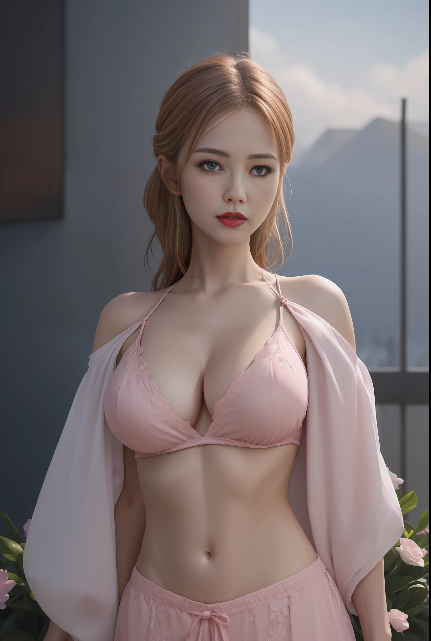 (masterpiece, best quality, extremely detailed 8k, ultra hd, ultra-detailed, highly detailed, highly realistic, ultra-realistic, photo realistic), (1girl:1.5), (detailed realistic skin), (realistic big breasts), (natural pink lipstick), slender abs,