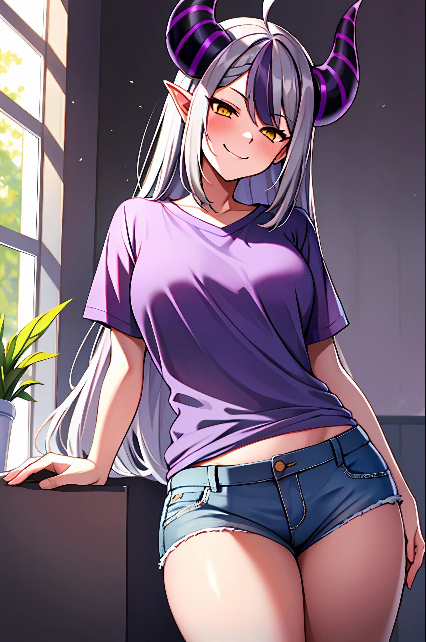 masterpiece, best quality, absurdres, perfect anatomy, , 1girl, solo, Laplus, cowboy shot, grey hair, purple streak, yellow eyes, horns, indoors, t-shirt, shorts, casual, relaxing, smirk