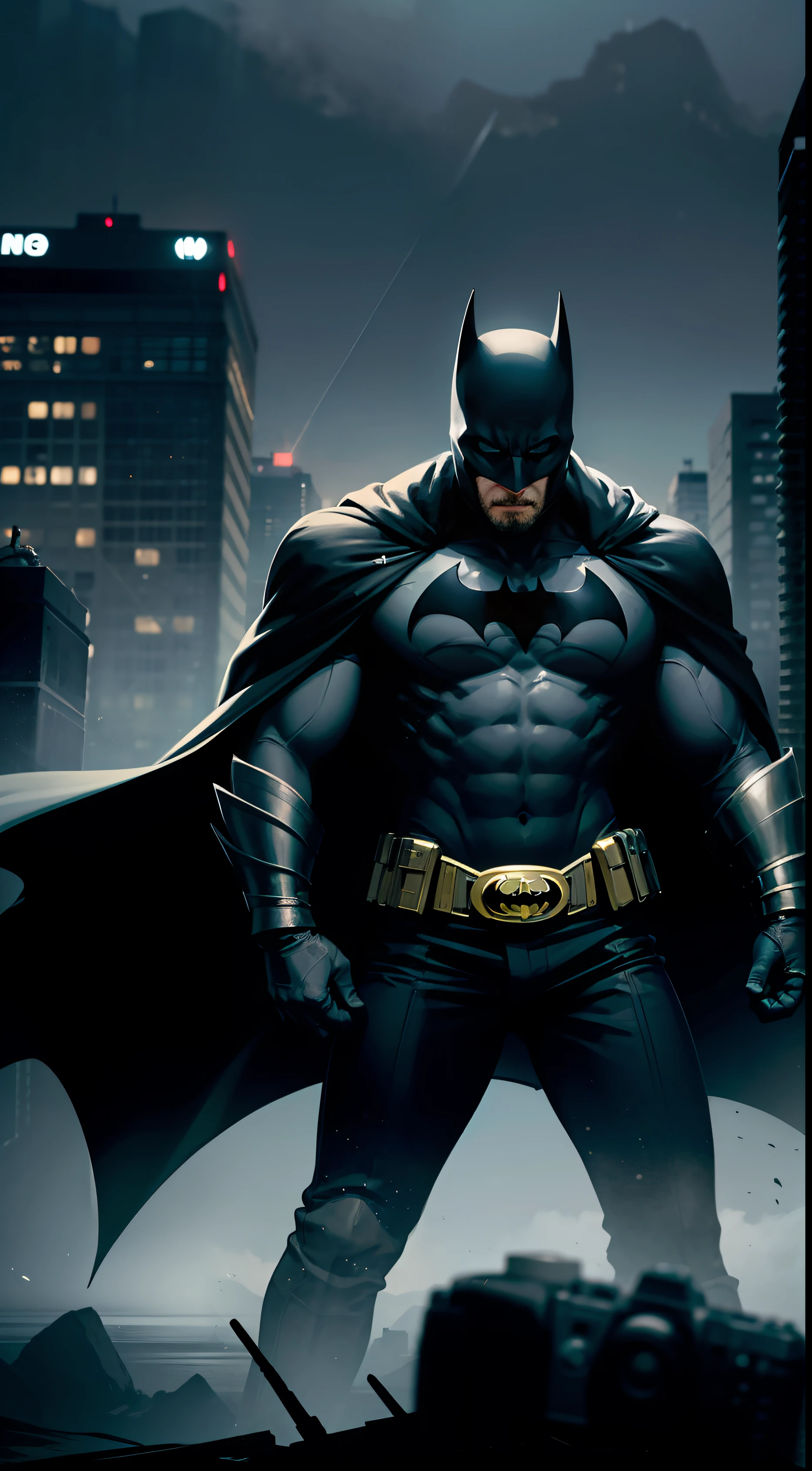 SBen Affleck as Batman. The natural, beautiful, dramatic, dashing, award-winning headstyle, is a real masterpiece of masculine beauty, the face as in the movie, completing the anatomical perfection of a man standing tall in an abandoned city. The setting lighting accentuates the movie-like Batman costume which adds to his confidence. The scenery is lush and mysterious, with the dark city and its surroundings. The camera details everything. When looking into beautiful eyes, there are eyes that will attract people. His gaze is on the viewer, you can clearly see every small detail, every perfect line, every beautiful leather detail with 8K quality, one is captivated by the confidence radiating from each eye. His head is framed with black hair and his face is drawn in meticulous detail using 8K quality images. --auto