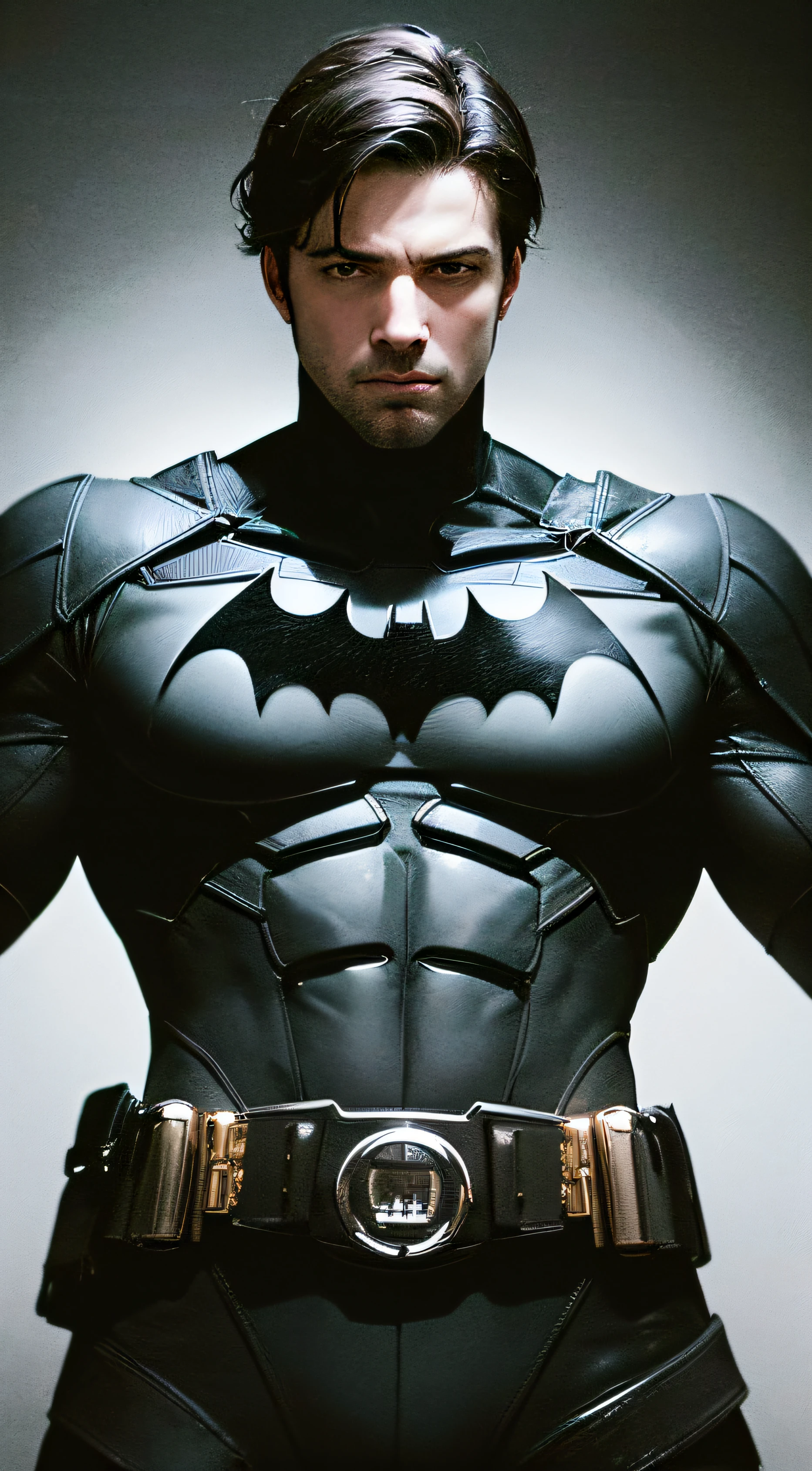 Benjamin Géza Affleck-Boldt as Batman. The natural, beautiful, dramatic, dashing, award-winning headstyle, is a real masterpiece of masculine beauty, the face as in the movie, completing the anatomical perfection of a man standing tall in an abandoned city. The setting lighting accentuates the movie-like Batman costume which adds to his confidence. The scenery is lush and mysterious, with the dark city and its surroundings. The camera details everything. When looking into beautiful eyes, there are eyes that will attract people. His gaze is on the viewer, you can clearly see every small detail, every perfect line, every beautiful leather detail with 8K quality, one is captivated by the confidence radiating from each eye. His head is framed with black hair and his face is drawn in meticulous detail using 8K quality images. --auto