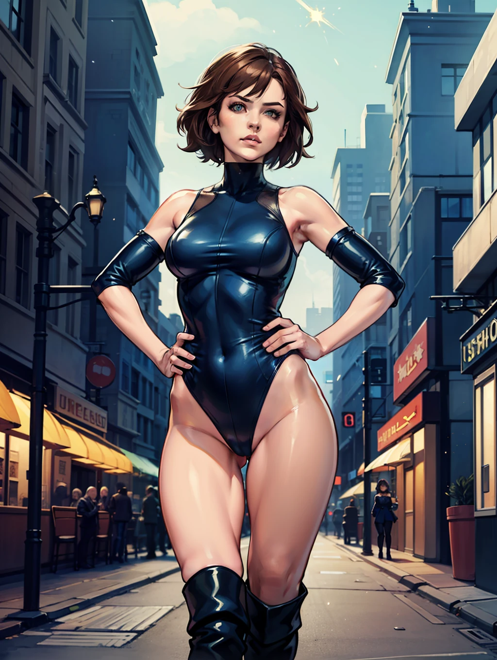 ((masterpiece)), ((best quality)), ((highres)), beautiful woman, splash art, 8K, solo, bare legs, (tight leotard: 1), hands on hip, city backdrop, knee boots, (perfect hands: 1), sparkling, light particles, short hair, brown hair, dark blue eyes