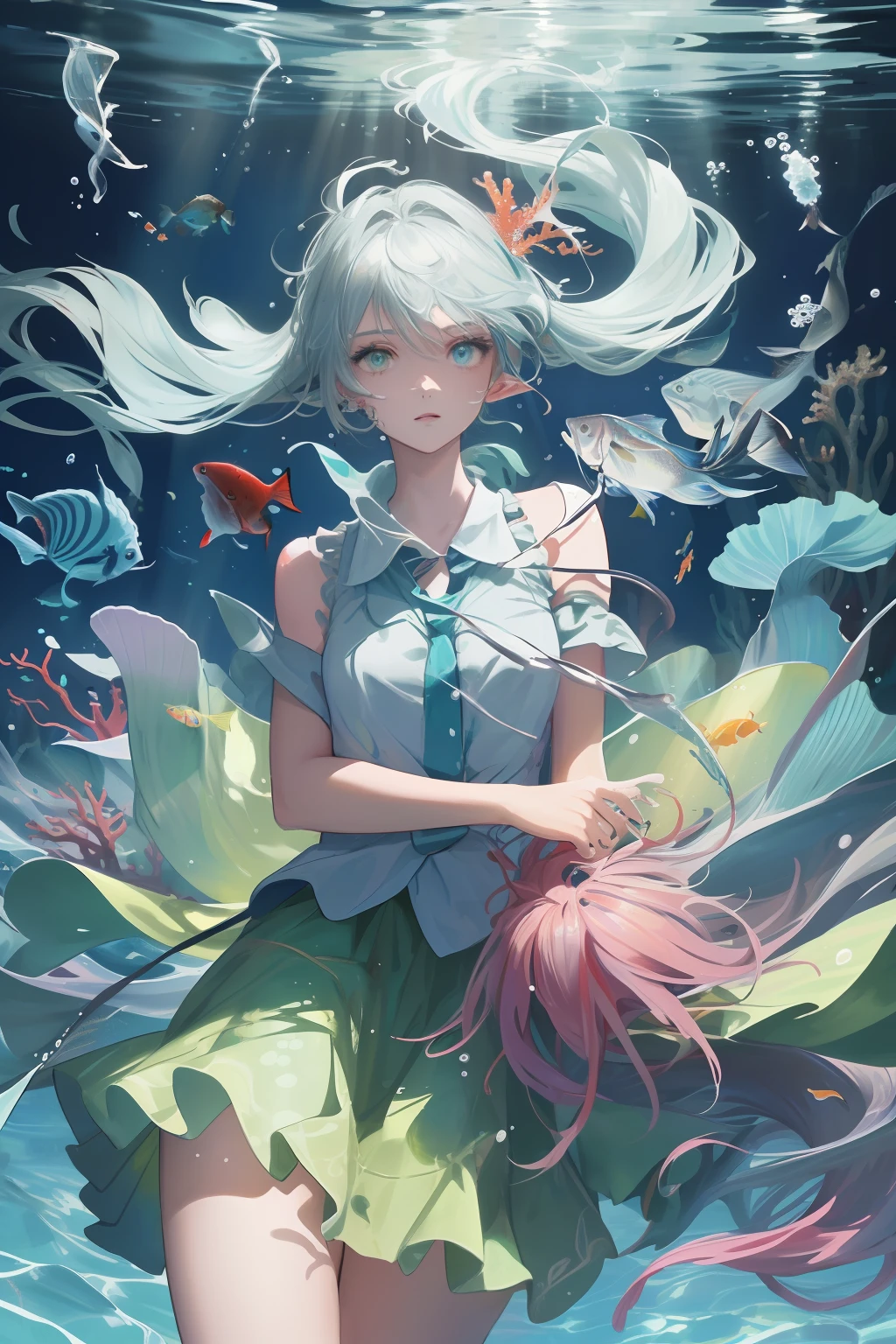 (((masterpiece))),(((best quality))),((ultra-detailed)),((underwater)),(illustration),(beautiful detailed water),((coral)),open tuck,((extremely delicate and beautiful girls)),dynamic angle,floating,(beautiful detailed eyes),(detailed light),(),floating hair,glowing eyes,pointy ears,(splash),underwater),((fishes)),white hair,green right eye,iceblue left eye,leaves dress,feather,nature,(sunlight),(underwater forest),(painting),(bloom),(detailed glow),drenched,seaweed,fish,(((Tyndall effect))),face to face