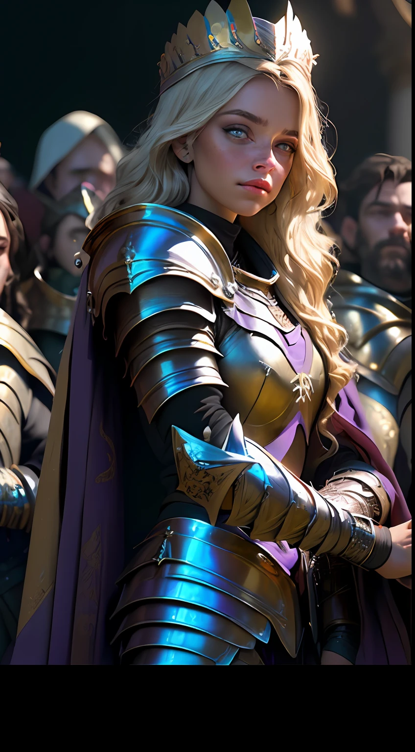 A European girl, heavy makeup, heroic and sassy, blue-purple eyes, light blonde shawl long hair, golden gorgeous armor, medieval armor carving, red phoenix gilded cape, gold garland headdress, full body photo, makeup, depth of field, panorama, polar opposites, (Movie Photo: 1.3), (Reality: 1.3), (Romance: 1.3, Masterpiece, Lee Jeffries' Award Winning Photo, Nikon D850 Film Stock Shot, Kodak Portra 400 Camera F1.6 Lens, Very Detailed, Amazing, Fine Detail, Rich Colors, Ultra-Realistic Realistic Textures, Dramatic Lighting, Unreal Engine, Trending at Artstation, CineStill 800 tungsten light, looking at the audience, photo realistic, RAW photos, TanvirTamim, High quality, High resolution, Sharp focus, Very detailed, Cinematic lighting, 8k uhd, Highly detailed, (Crystal Cubism: 1.3), (Magical Realism: 1.3), (Realism: 1.3), Ultra Detailed, Detailed, by Clarence Holbrook CArter, by Ed Emshwiller, CGSociety, ArtStation competition winner, ArtStation Trends, DeviantArt competition winner, Fallout