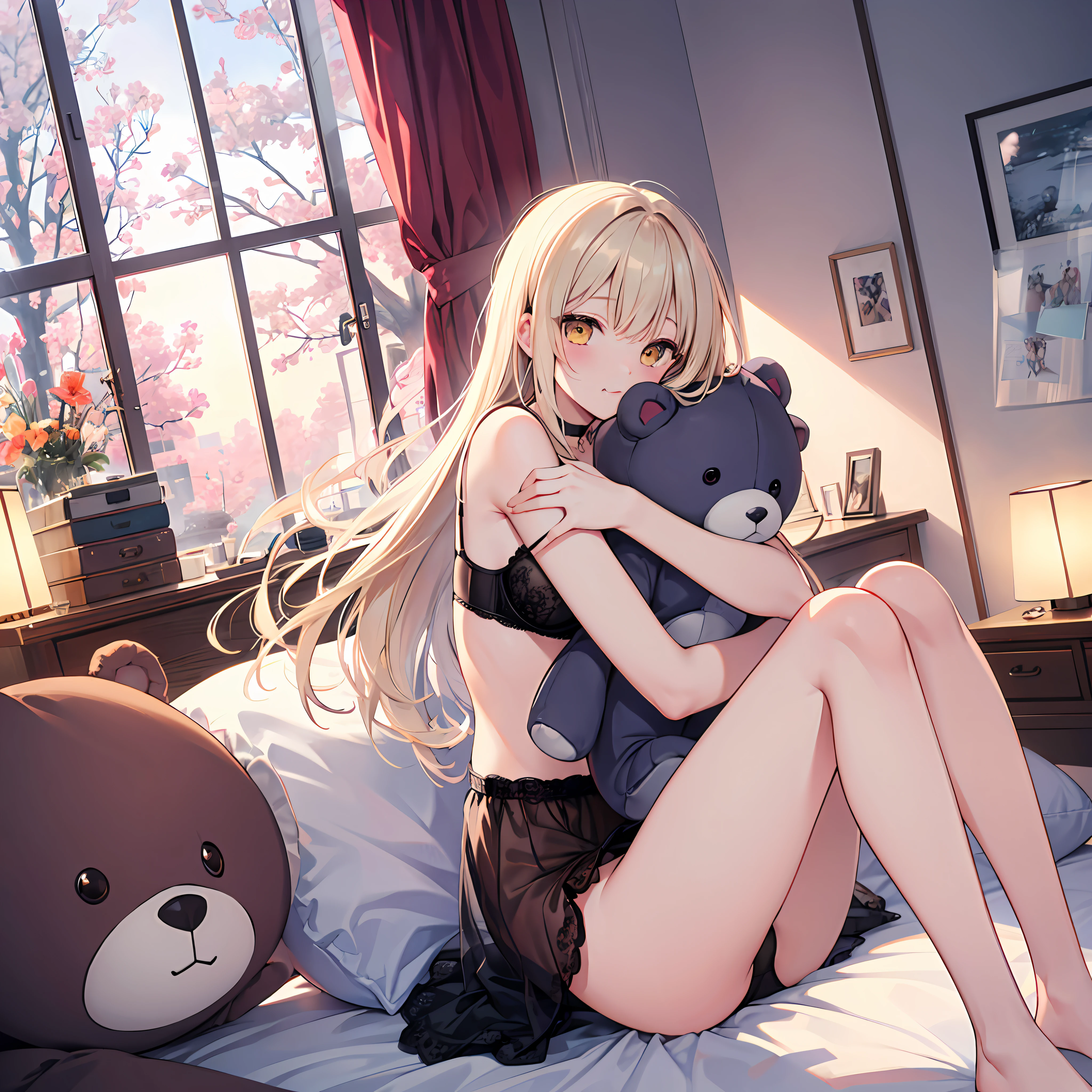 (Highest picture quality), (Master's work),(Detailed eyes description),(Detailed face description), 1girl, shiina mahirum yellow eyes, 1girl, solo, lingerie, panties, bra, strap slip, blunt bangs, floating hair, long hair, midriff peek, looking at viewer, side view, fang, (hugging stuffed animal, hugging plush:1.2), indoors, bedroom, sitting, on bed, solo, chocker, curled up, legs together