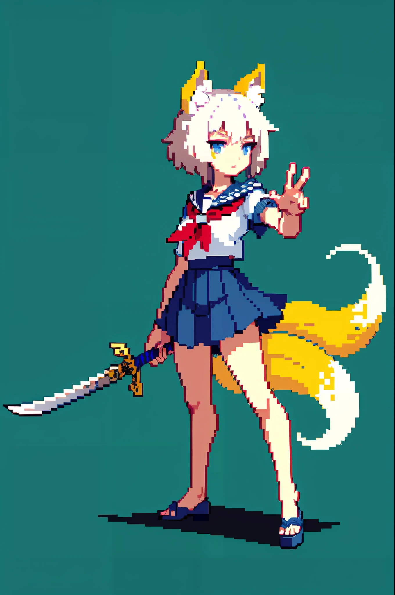 （nmasterpiece，top Quority，最佳质量），pixels，pixelart，1girl，full body，Fox Maiden，whitehair，Samurai Sword，Offensive stance，sailor suits，Manteau