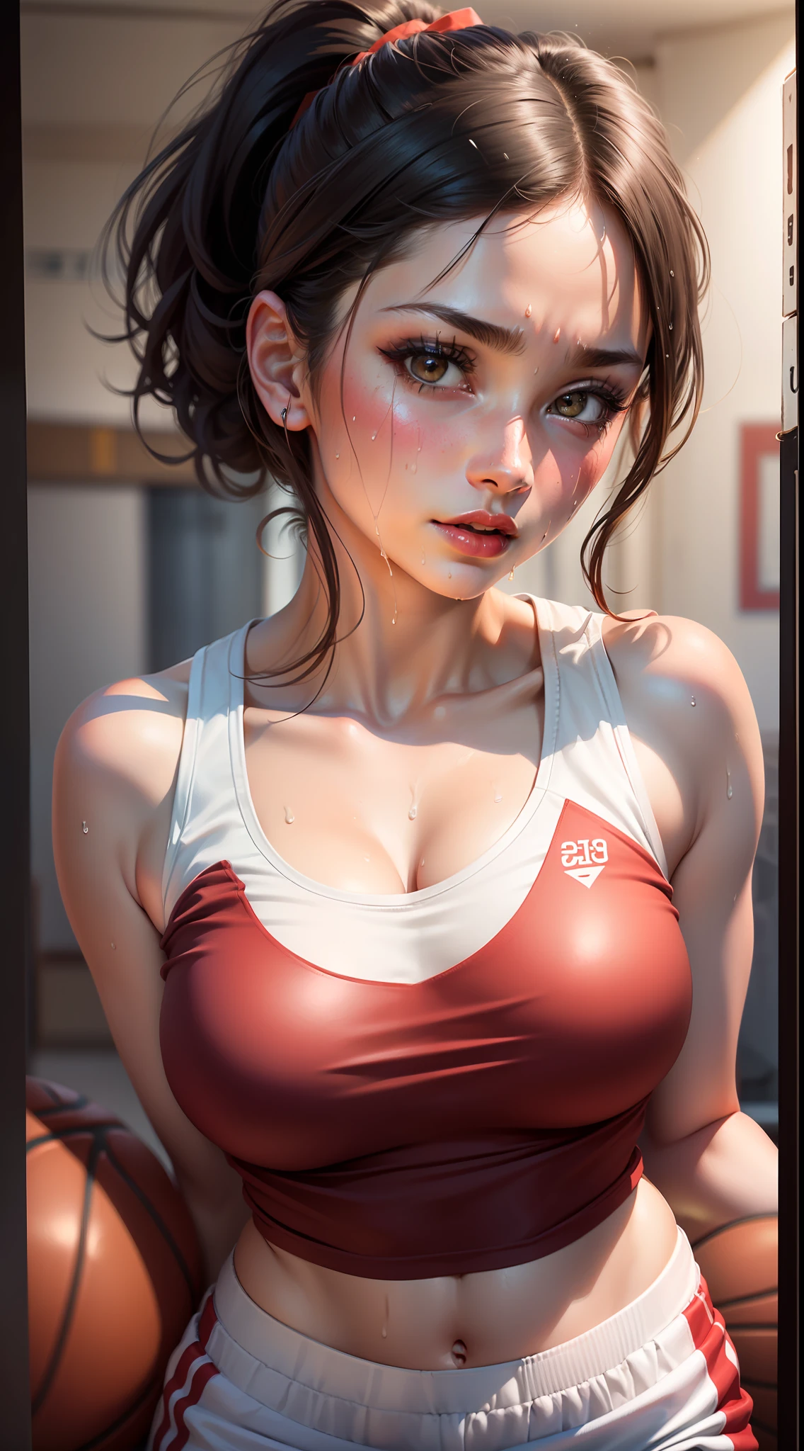 Masterpiece: 1.2, best quality), realistic, (real picture, rich details details, depth of field), (1girl, solo), makeup, cleft lip, high detail, perfect face shape, (small breasts: 1.4), breasts pressed against each other, round perfect breasts, cleavage exposed, breasts exposed, (skindentation), thick thighs, Wide hips, thin waist, tall, coral, red lips, red eyes, ponytail, ((((basketball girl, white tank top, thong pants)))), (sweat: 1.2), (wet), sexy, blushing, sweaty