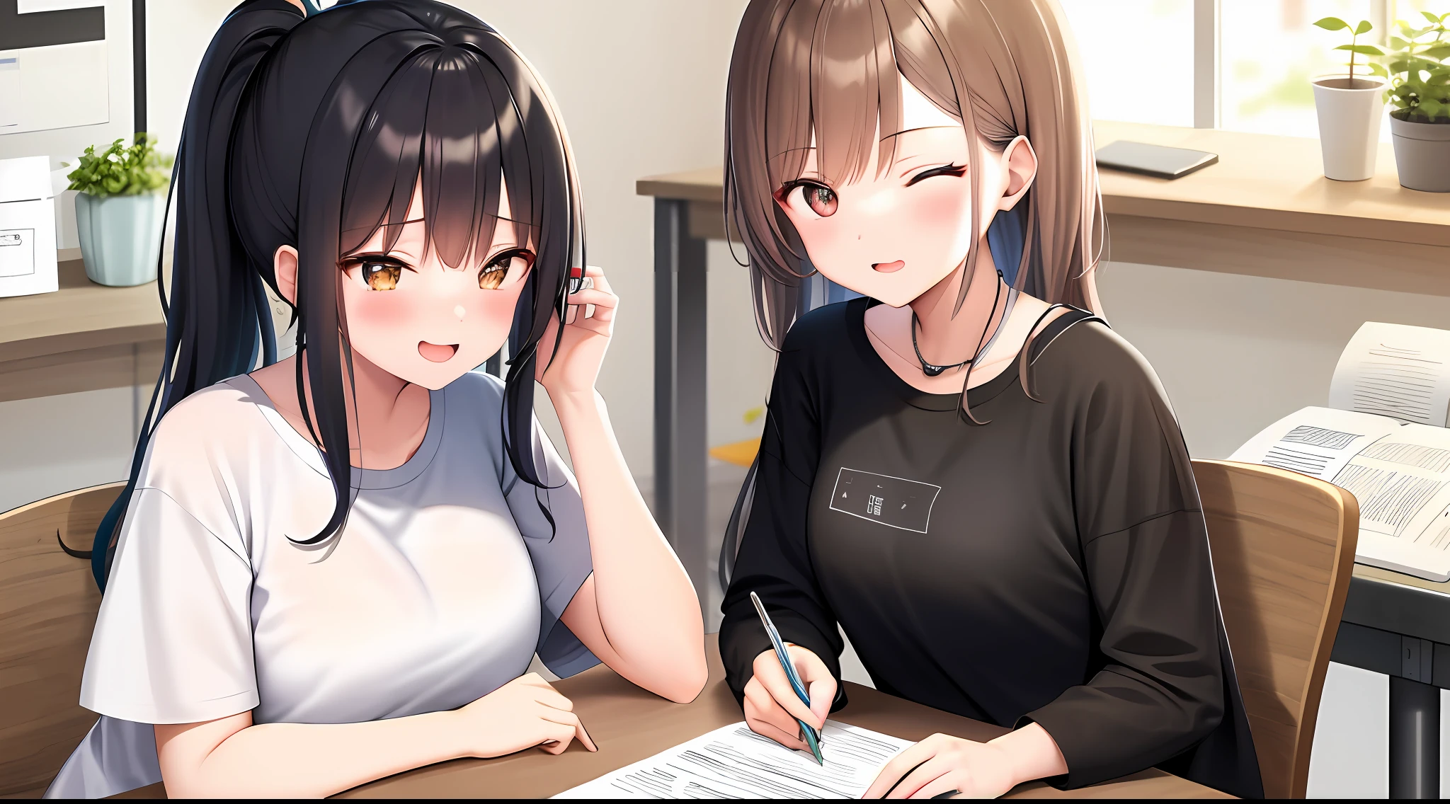 A masterpice, best  quality, high resolucion, 1 idol woman, Loose T-shirt、 Girl sitting on chair studying drafting at desk, Study seriously, Good luck studying、drawn、cute  face、yawns