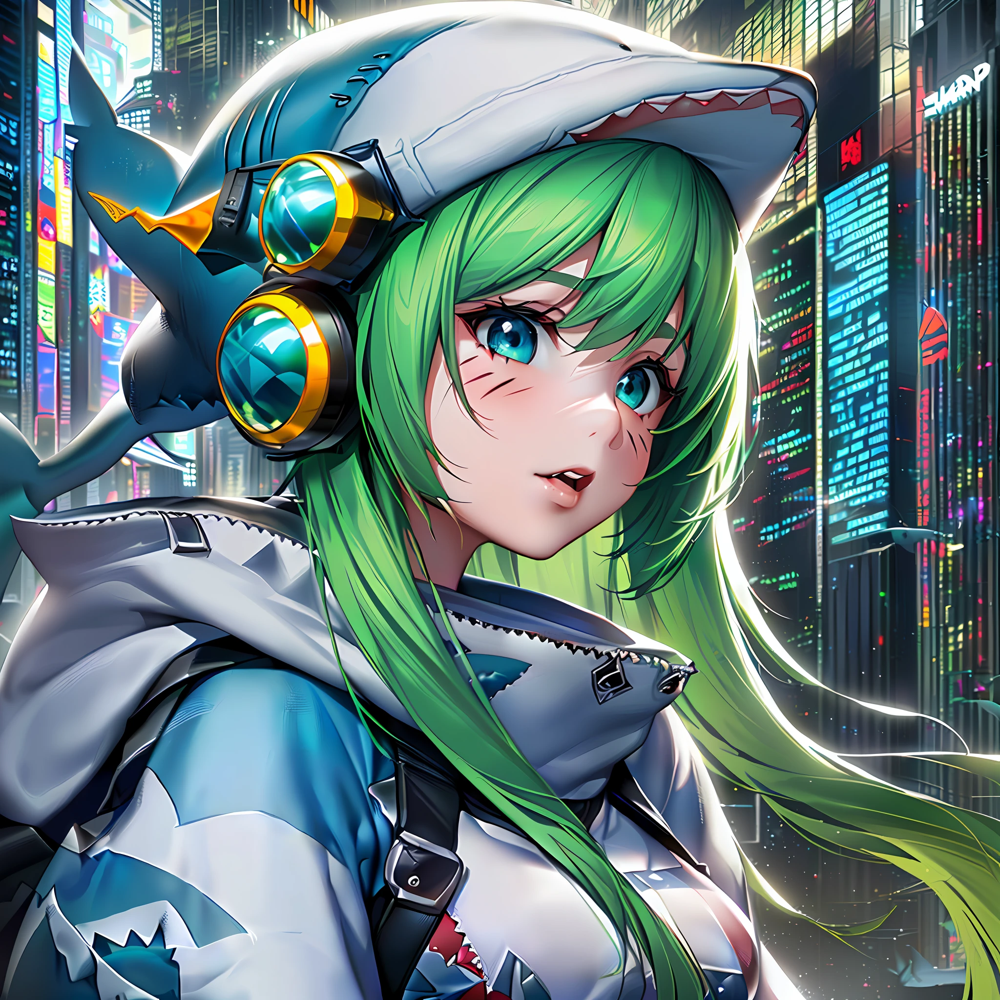 Asian girl profile picture with long green hair, (((S shape mark on face))), (((cartoon shark cap))), background of high-tech style city, Cyberpunk style
