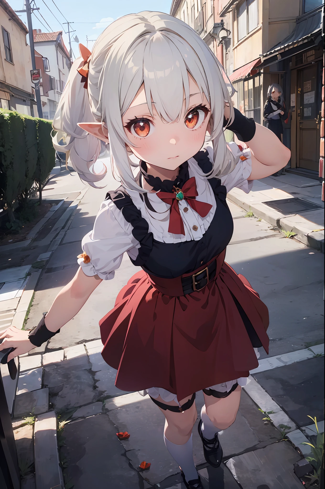 ((1 girl, Klee Genshin Impact, Genshin, silver hair, ****, flat, elf ear, red eyes, orange eyes, bloom, ray tracing, god rays, sparkle, cinematic lighting, pov, masterpiece, super detail, high details, high quality, anime, anime style)) fantasy, from above, witch, moon, night, shy, nervous, walking at street, academy, holding book, black dress, red skirt,