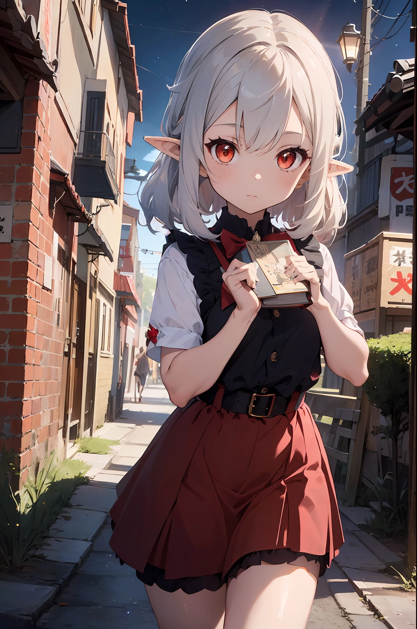 ((1 girl, Klee Genshin Impact, Genshin, silver hair, loli, flat, elf ear, red eyes, orange eyes, bloom, ray tracing, god rays, sparkle, cinematic lighting, pov, masterpiece, super detail, high details, high quality, anime, anime style)) fantasy, from above, witch, moon, night, shy, nervous, walking at street, academy, holding book, black dress, red skirt,