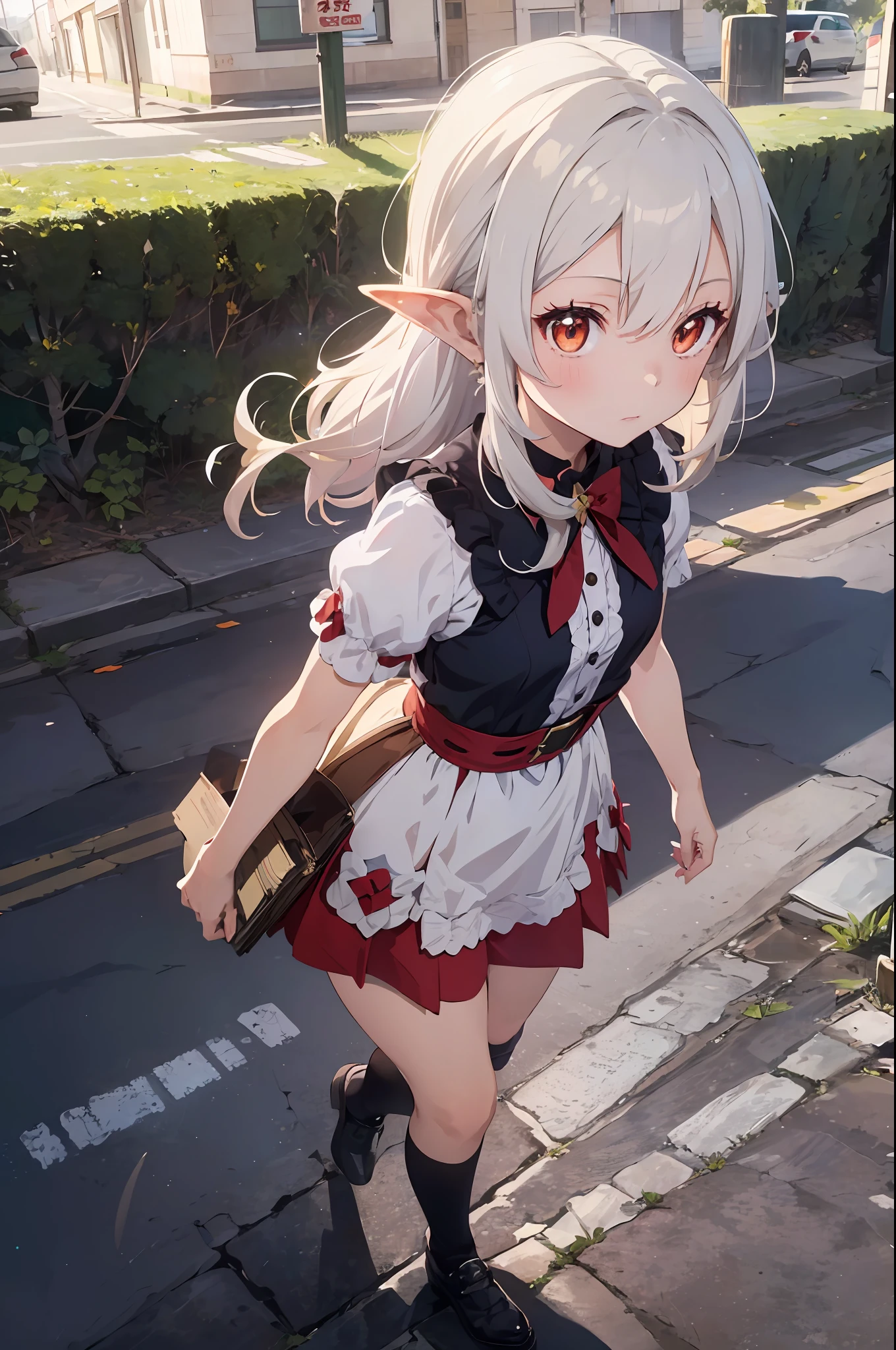 ((1 girl, Klee Genshin Impact, Genshin, silver hair, ****, flat, elf ear, red eyes, orange eyes, bloom, ray tracing, god rays, sparkle, cinematic lighting, pov, masterpiece, super detail, high details, high quality, anime, anime style)) fantasy, from above, witch, moon, night, shy, nervous, walking at street, academy, holding book, black dress, red skirt,