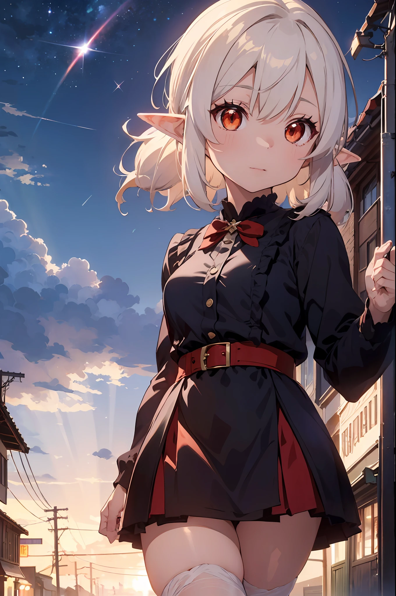 ((1 girl, Klee Genshin Impact, Genshin, silver hair, ****, flat, elf ear, red eyes, orange eyes, bloom, ray tracing, god rays, sparkle, cinematic lighting, pov, masterpiece, super detail, high details, high quality, anime, anime style)) fantasy, from above, witch, moon, night, shy, nervous, walking at street, academy, holding book, black dress, red skirt,