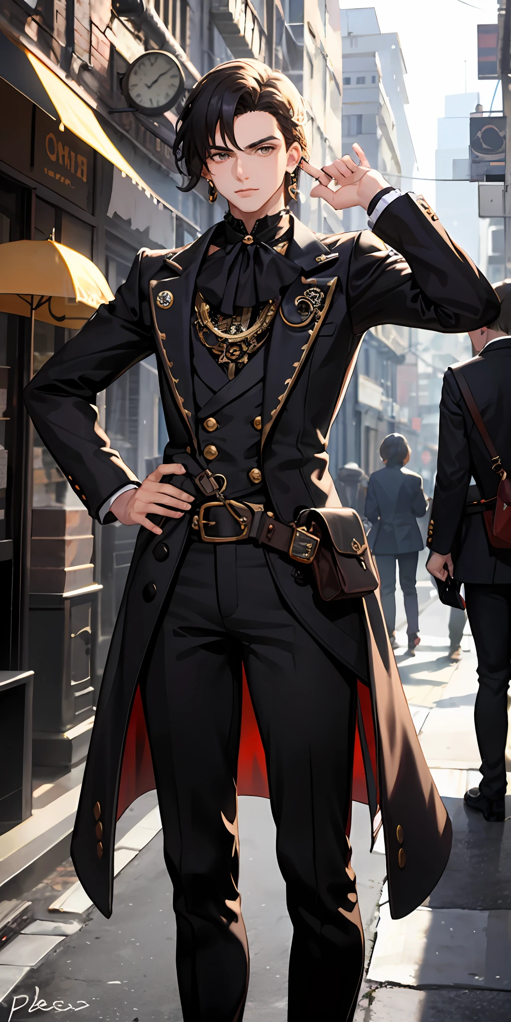 Um garoto de 23 anos, usando terno e cartola em uma cidade steampunk, cabelos grandes vermelhos e brancos, pessoa alta e ombros largos, ele esta de costas.
