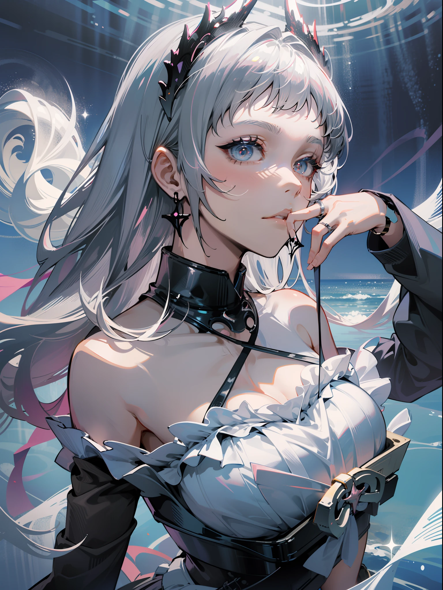 Character CG, HD CG, Advanced rendering, whitehair, Bracelet, the ring, Wristbands, Lolita swimsuit, frils, lacing, Gothic style, Bare shoulders, Put your hand to your mouth, dynamic angle, Water magic, beachside, sandbeach, Cinematic lighting, partially underwater shot, High detail, Chiaroscuro, ultra high def, Textured skin, Super detail, Best quality, 巨作, ccurate, High details, Anatomically correct, High quality