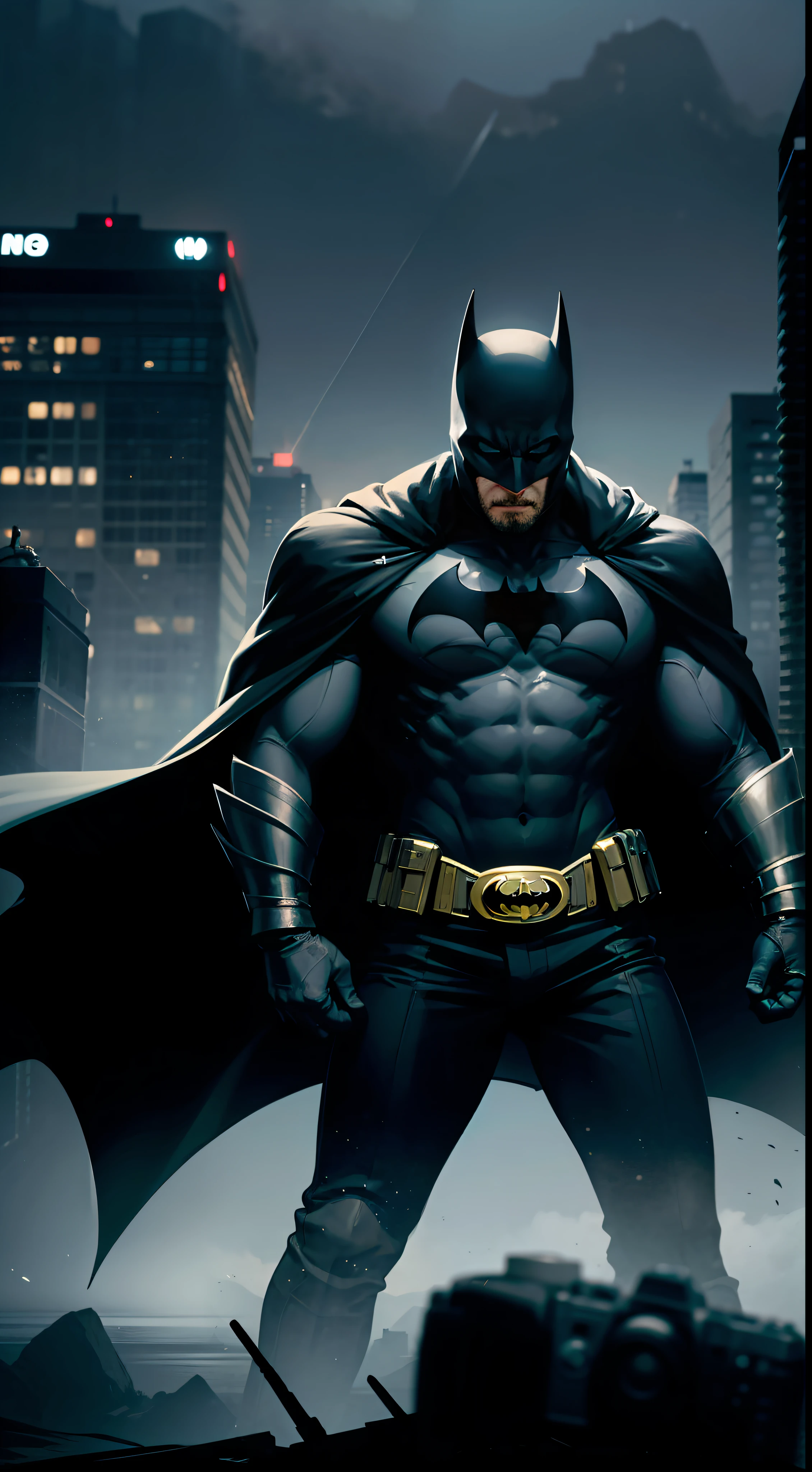SBen Affleck as Batman. The natural, beautiful, dramatic, dashing, award-winning headstyle, is a real masterpiece of masculine beauty, the face as in the movie, completing the anatomical perfection of a man standing tall in an abandoned city. The setting lighting accentuates the movie-like Batman costume which adds to his confidence. The scenery is lush and mysterious, with the dark city and its surroundings. The camera details everything. When looking into beautiful eyes, there are eyes that will attract people. His gaze is on the viewer, you can clearly see every small detail, every perfect line, every beautiful leather detail with 8K quality, one is captivated by the confidence radiating from each eye. His head is framed with black hair and his face is drawn in meticulous detail using 8K quality images. --auto
