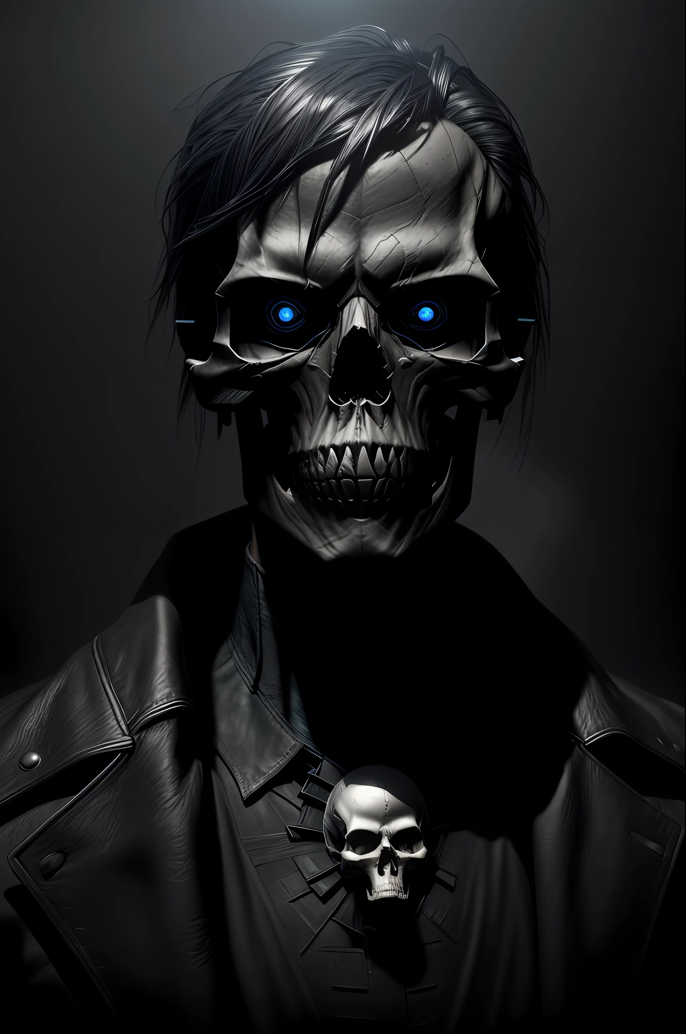 skull with blue eyes and a leather jacket on, Retrato do Exterminador do Futuro, esqueleto cyberpunk, portrait of a cyber skeleton, esqueleto do exterminador, Arte digital escura, mas detalhada, arte conceitual escura fotorrealista, Arte do Exterminador do Futuro, black octane render, irreal 5. retrato de rpg, motor unreal face azul, skull like, Retrato do humanoide masculino, 3 d render arte do caractere 8 k