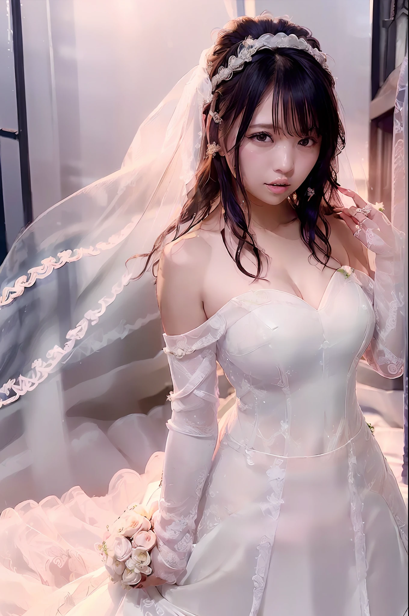 A masterpice、best  quality, 1girls, (Skindentation), {{Too huge breasts!!}}, (days), Brighter, blured background, (Street:0.6), (Braided bangs, hair wavy:1.5), (see through dress:1.8), (wedding dress:1.8), (Tube Top Wedding Dresses:1.8)、(Dress with open chest)、Protruding breasts、a gorgeous, (Floating hair:1.2), (dinamic pose:1.8), Soft lighting,