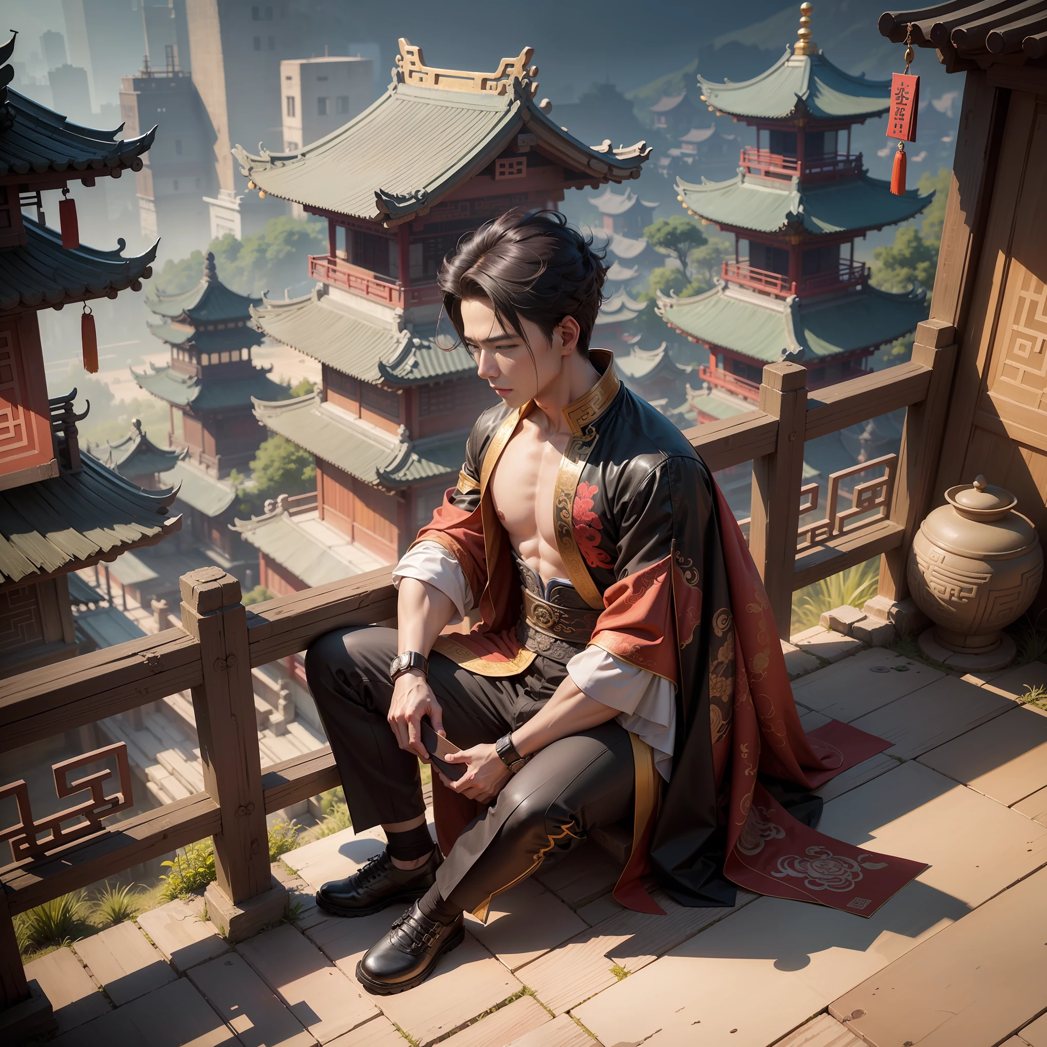 CG society and Chinese style, ((Chinese ancient city)),Master masterpieces,(((最佳质量))),arafed view of a man sitting on a platform in front of a pagoda, ross tran. scenery background,by Yang J, ross tran and wlop, Zen Cyberpunk Meditation, rossdraws global illumination,