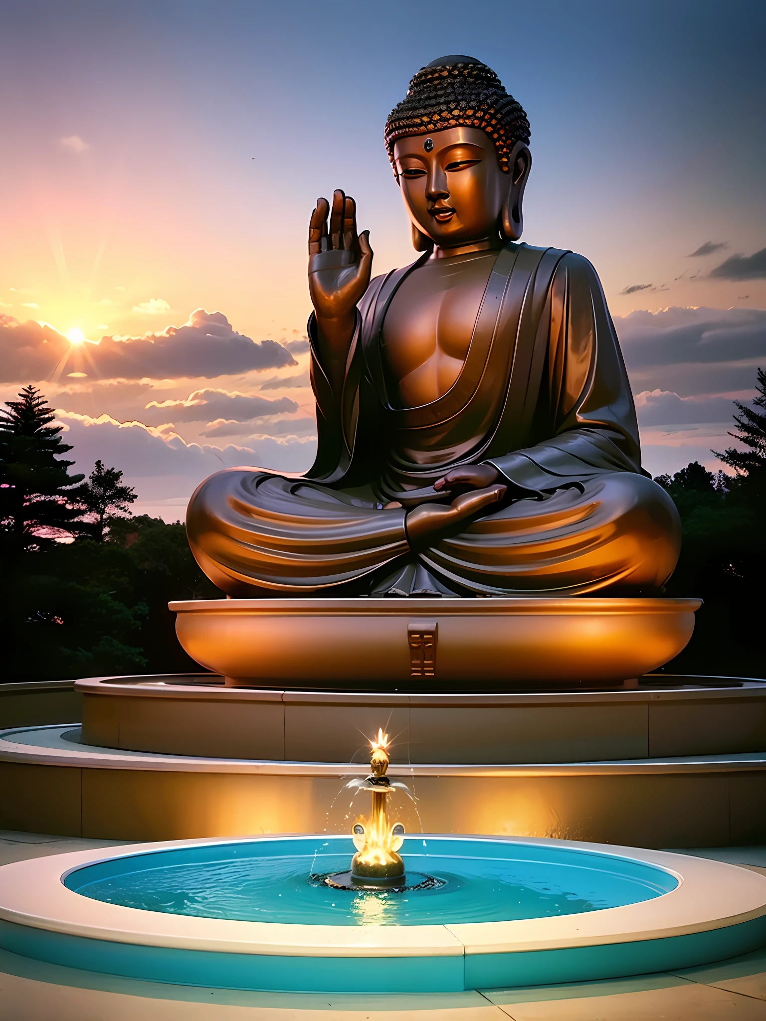 Mira，Maitreya Bodhisattva，Maitreya，A large golden Buddha statue，Sitting on Mount Meru，The light of the Buddha shines，golden glow，The ceiling is blue，Blue sky in the background，Clouds，above_Clouds，airships，The aurora，Bridges，architectural，citadel，smokestacks，citys，City_abajour，Cityscape，clock，belfry，the clouds，cloudy skies，constellation，Crescent，A desert，planet earth_\（planetes\），sparklers，Floating islands，water fountain，galaxias，Glowing，casa，island，lampposts，Lanterns，light particules，the Milky Way，Moon，yama，Night，At night sky，No_The human ，planetes，scenecy，Meteor，skies，sky line，skyscrapers，yuki，nevando，space，star_\（skies\），star_\（Symbols\），Starry_Sky，Starry_Sky_print，binoculars，Towers，Town，at twilight，vessels