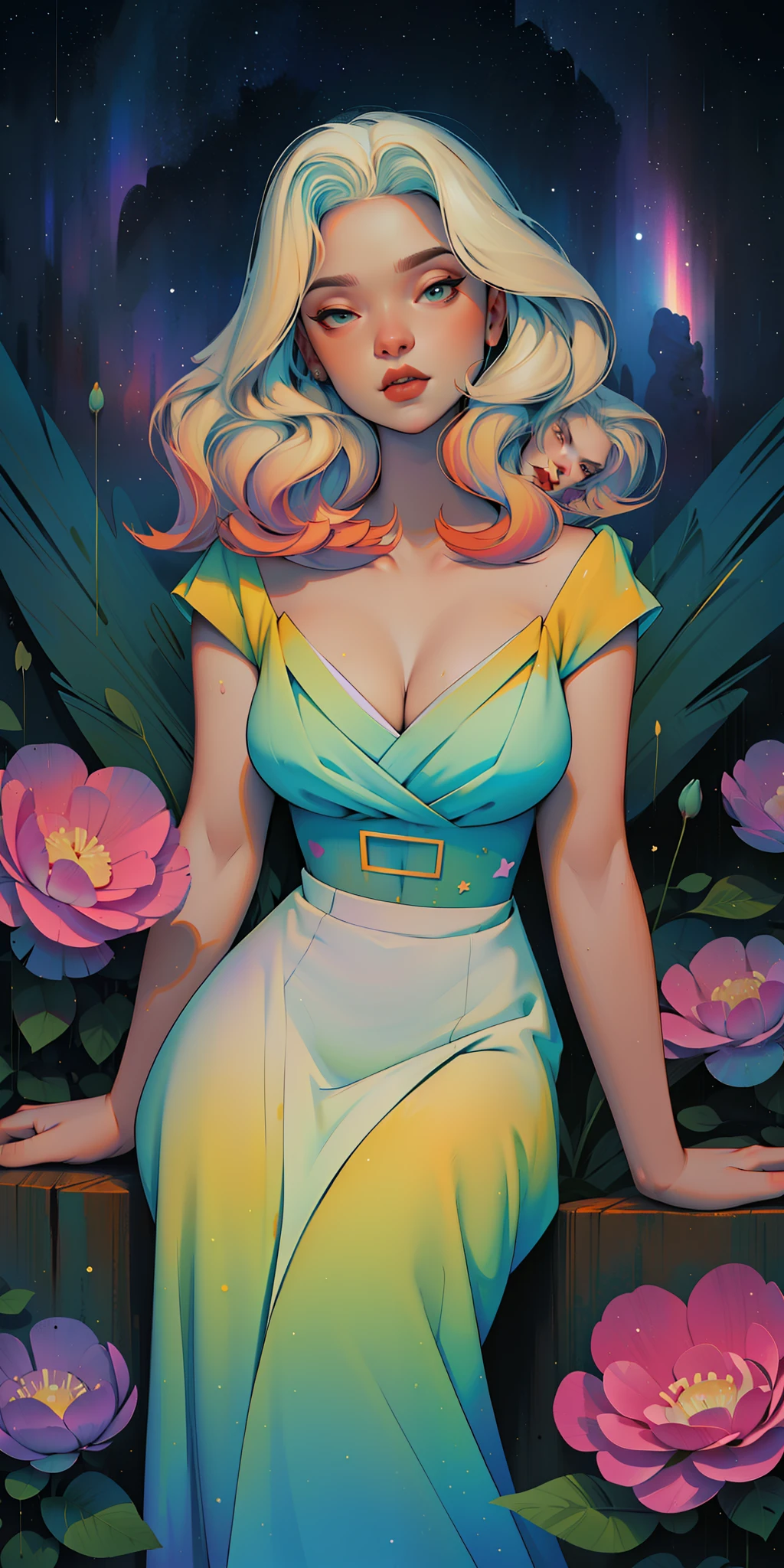 a goddess, A glorious sunrise, aura, glow, multi-colored bright aurora borealis, Spectrum Rainbow, Wings Angel, In a chic, lavender white mint hair, pastel, mixed-language_SMS, (beautiful and clear background:1.2),, fantastic paintings , olhos altamente detalhados, crystals, outer space, galaxy, Gorgeous hair, Background Flora Peony, poppy, hydrangea, Plants. Loving. Love. ultra detailed hair, Best Quality, hig quality, highly resolution, detail enhancement, ((most beautiful image in the world)), Masterpiece, Best Quality, High Quality Detail Enhancement, ((most beautiful image ), Shiny hair, ultra chic polka dot dress, Print, Stampa Flores, art by stjepan sejic, art by j scott campbell, art by guillem march, art by citemer liu, 4k, highly resolution, comic book character, comic, high quality detailed, style of ::2.0 comix illustration style,tatoon style, hig quality, highly resolution, detail enhancement, 8K, HD, Best Quality, hig quality, highly resolution, detail enhancement, 8K, HDR, Sharp focus, Ultra Detailed, perfect illumination, Curvy Body, Lush breasts, Curvy hips, Sits, sparks, Stars, The Cycle of the Stars