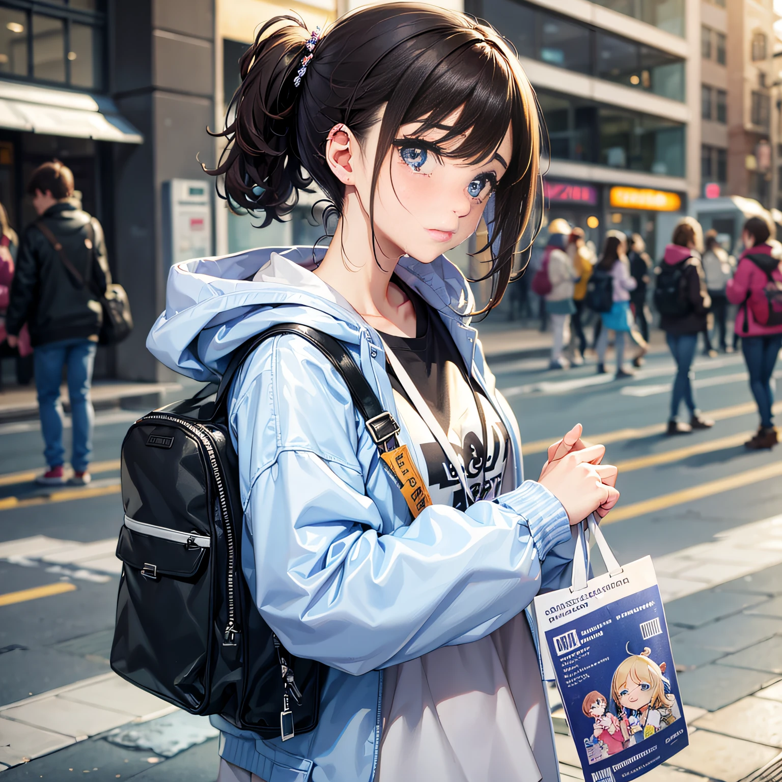Shamachi、girl wearing hoodie、a large breast、Short denim pants、sneakers、Delicate eys、Beautiful eyes、Dark hair、length hair、Straight hair、sneakers、I'm wearing a backpack、20's、soio