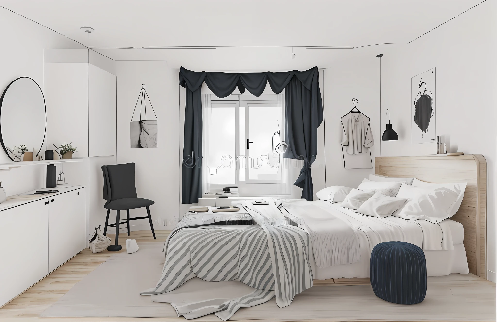 a sketch of a bedroom with a bed and a chair royalty - art illustration, bedroom background, interior background art, sketch black and white colors, sketch illustration, an interior of room, inside of a bedroom, in a bedroom, sketch style, sitting in bedroom, interior of a small room, interior background, stock illustration, personal room background, minimalist line drawing, room interior