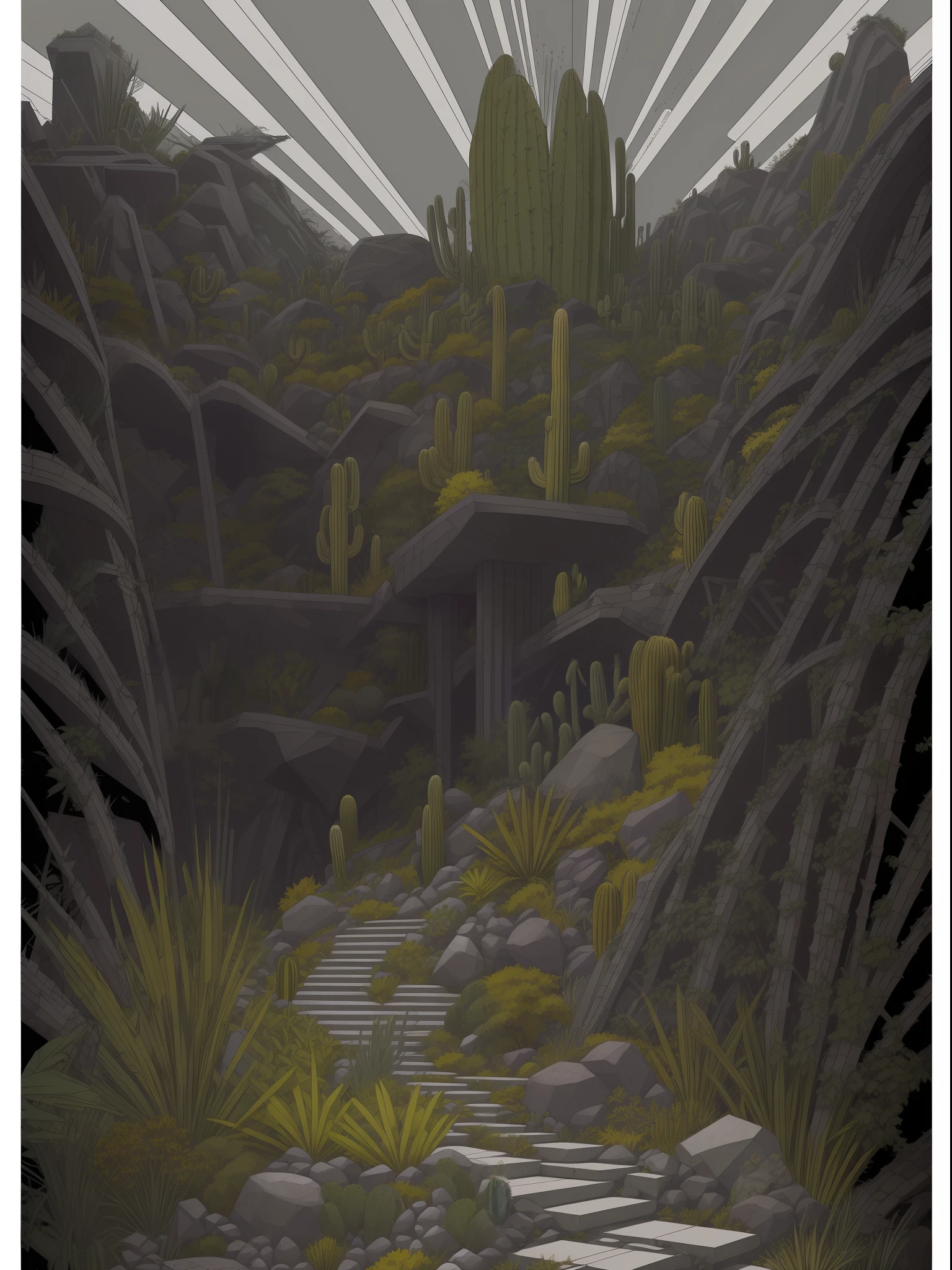 An illustration in hand made collage style, 4k, with giant boulders, floating brutalist building sections, stairs, cactus, agave, concrete texture, multiple geometric shapes, esoteric art, hatch and cross hatching, planets saturn and jupiter, (H. R. Giger art style), ((color pallete green, violet, grey, black and white))