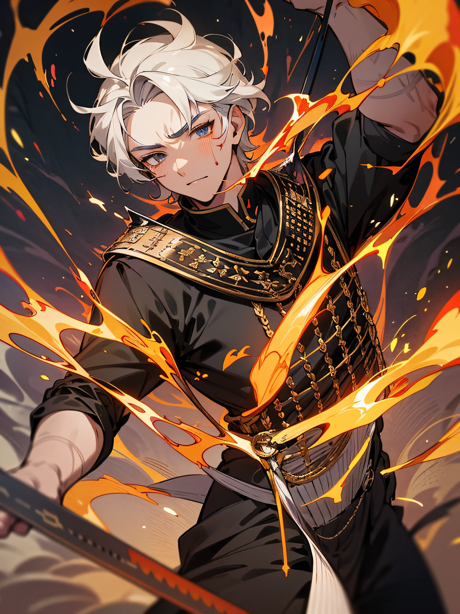 Young man, Handsome, Black clothes, (black ruler on back:1.5), Flame marks on the forehead, multi colors,vulcano, molten rock, Fire, magma, royal palace, metals, Emblem, Flame,solo dance