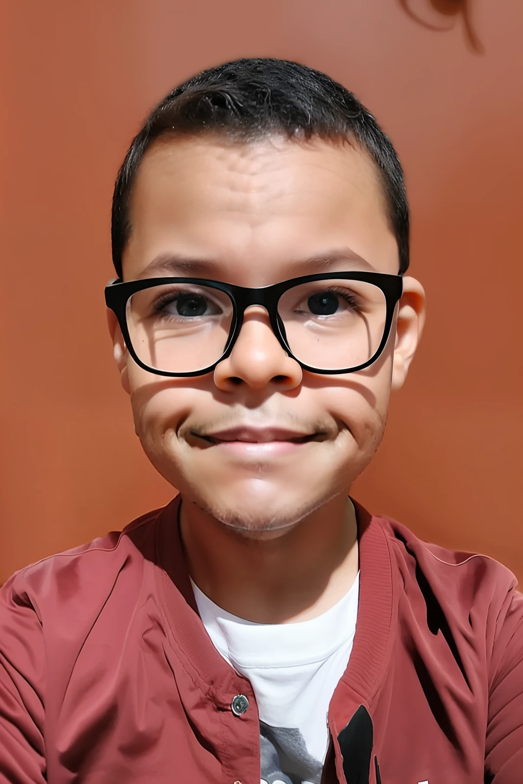 guttonerdvision6, Portrait of a 3-year-old boy wearing glasses, rosto detalhado, olhos brilhantes, skin pores. Looking From Fretnte to Camera, usando roupa despojada. Fundo claro e neutro com profundidade de campo, imagem intrincada, realista, detalhada. UHD, iluminacao suave.