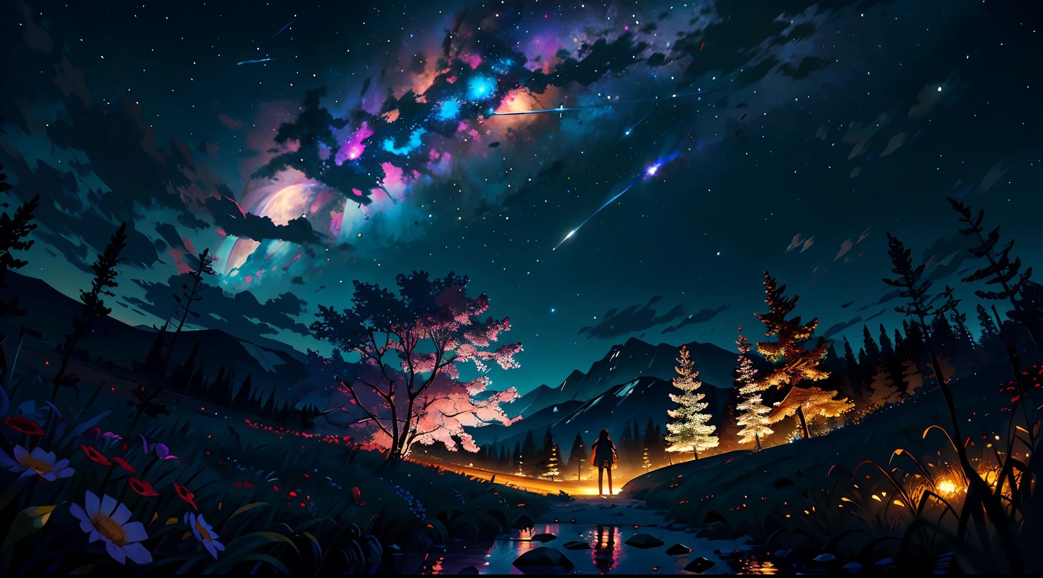 Expansive landscape photograph, (view from below with a view of the sky and the wilderness below), little girl standing in a flower field looking up, (full moon: 1.2), (shooting star: 0.9), (nebula: 1.3), distant mountain, tree break production art, (warm light source: 1.2), (firefly: 1.2), lamp, purple and orange, intricate detail, volume lighting BREAK (masterpiece: 1.2), (highest quality ), 4k, ultra-detailed, (dynamic configuration: 1.4), highly detailed and colorful details (iridescent: 1.2), (sparkling lighting, atmospheric lighting), dreamy, magical, (solo: 1.2)