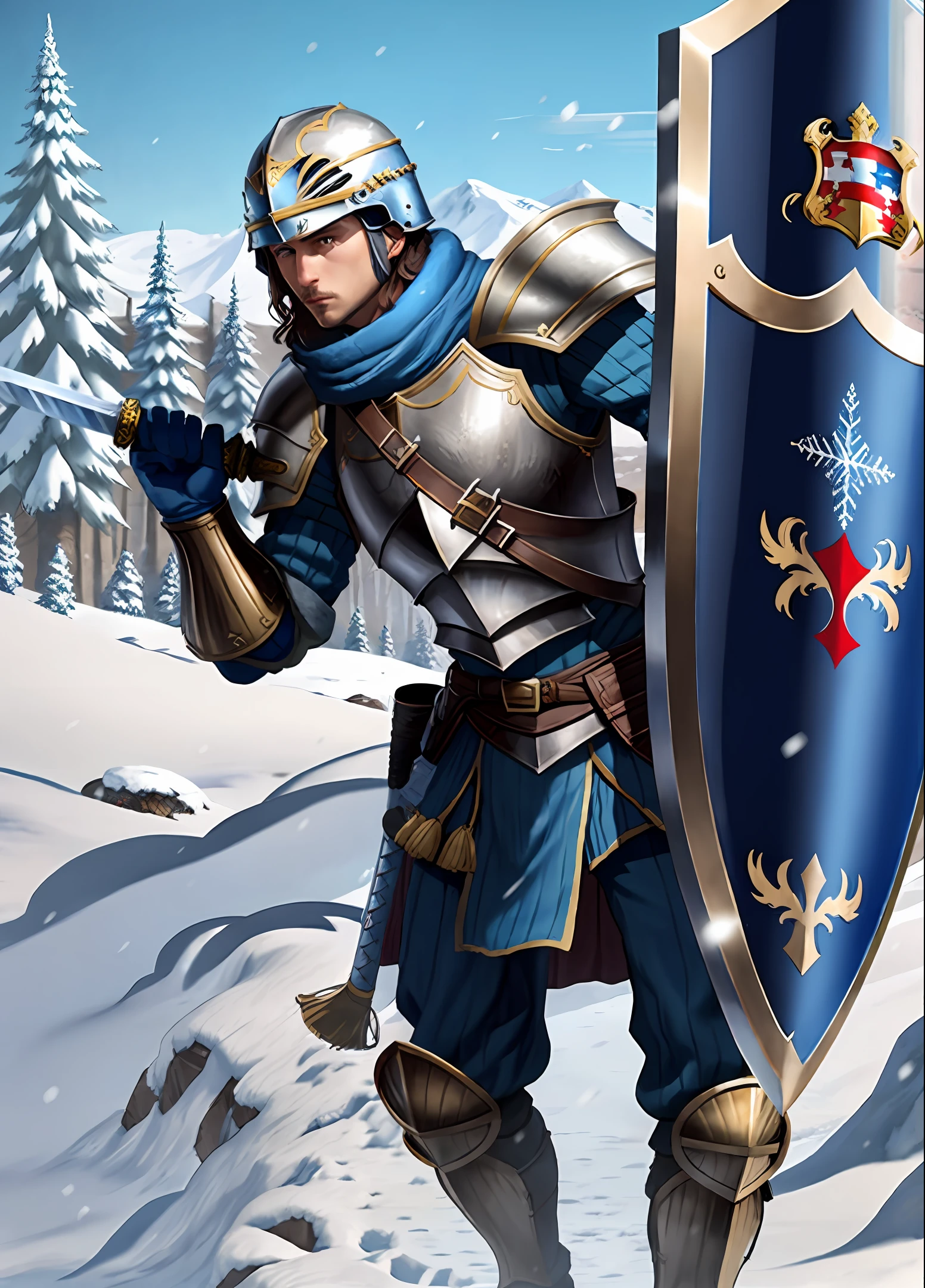 the Snow Champion holding a sword and a blue Stalhrim shield and wearing a blue Stalhrim armor and a helmet