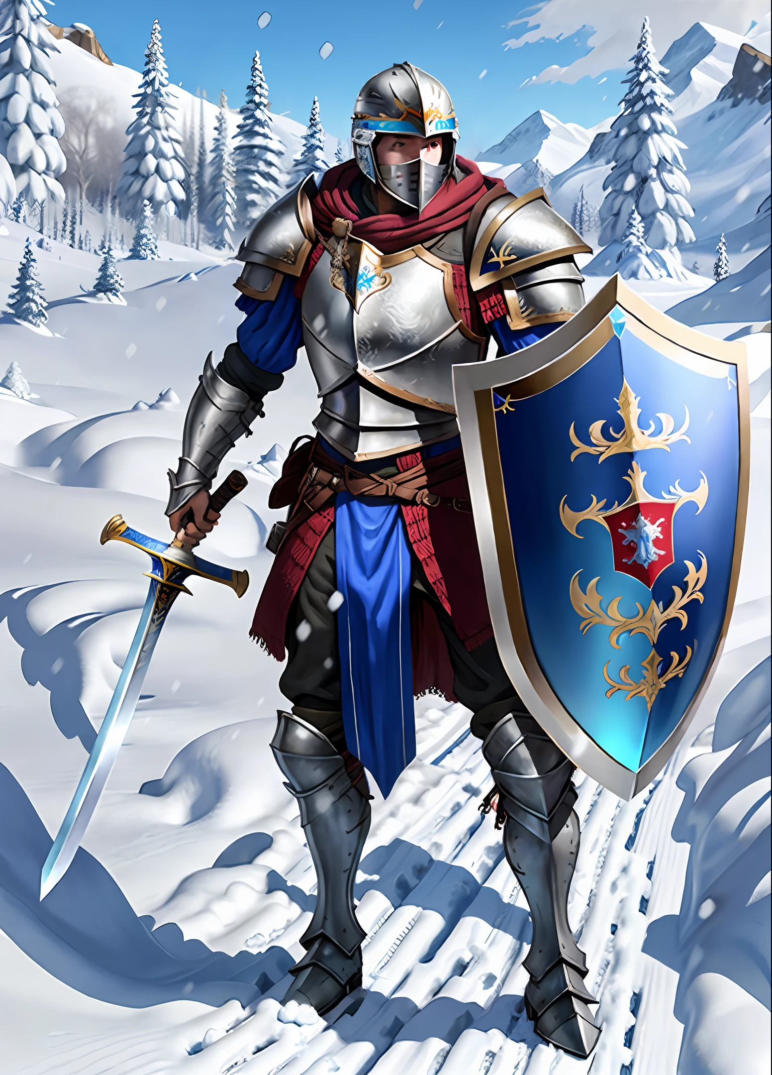 the Snow Champion holding a sword and a blue Stalhrim shield and wearing a blue Stalhrim armor and a helmet
