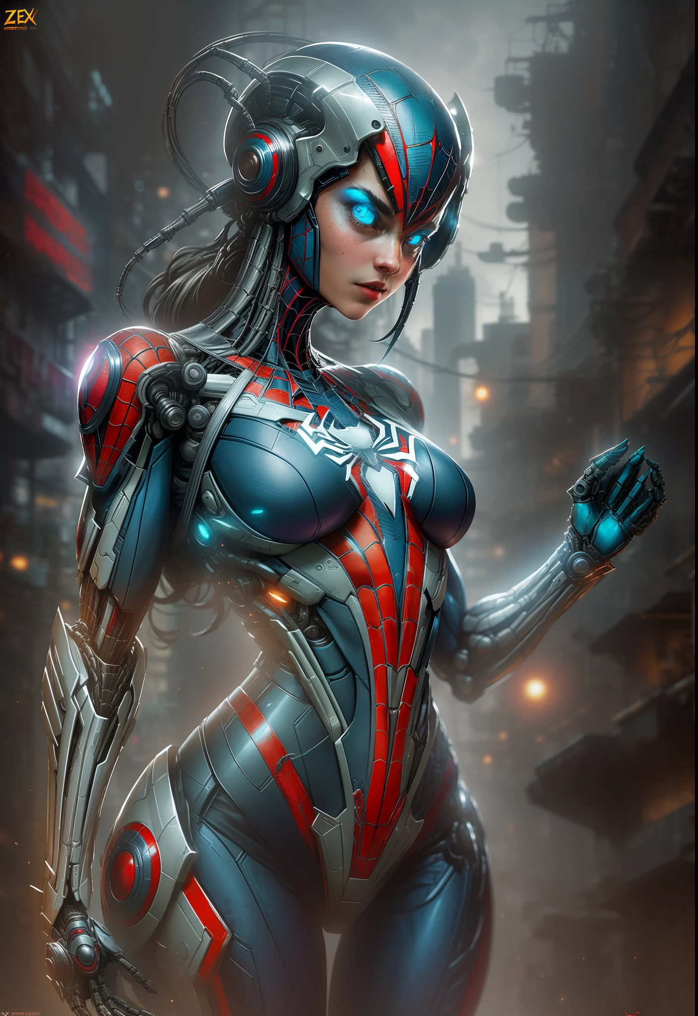photo of Woman dressed as Spider-Man from Marvel, biomechanical, complex robot, full growth, hyper-realistic, insane small details, extremely clean lines, cyberpunk aesthetic, a masterpiece presented at Zbrush Central