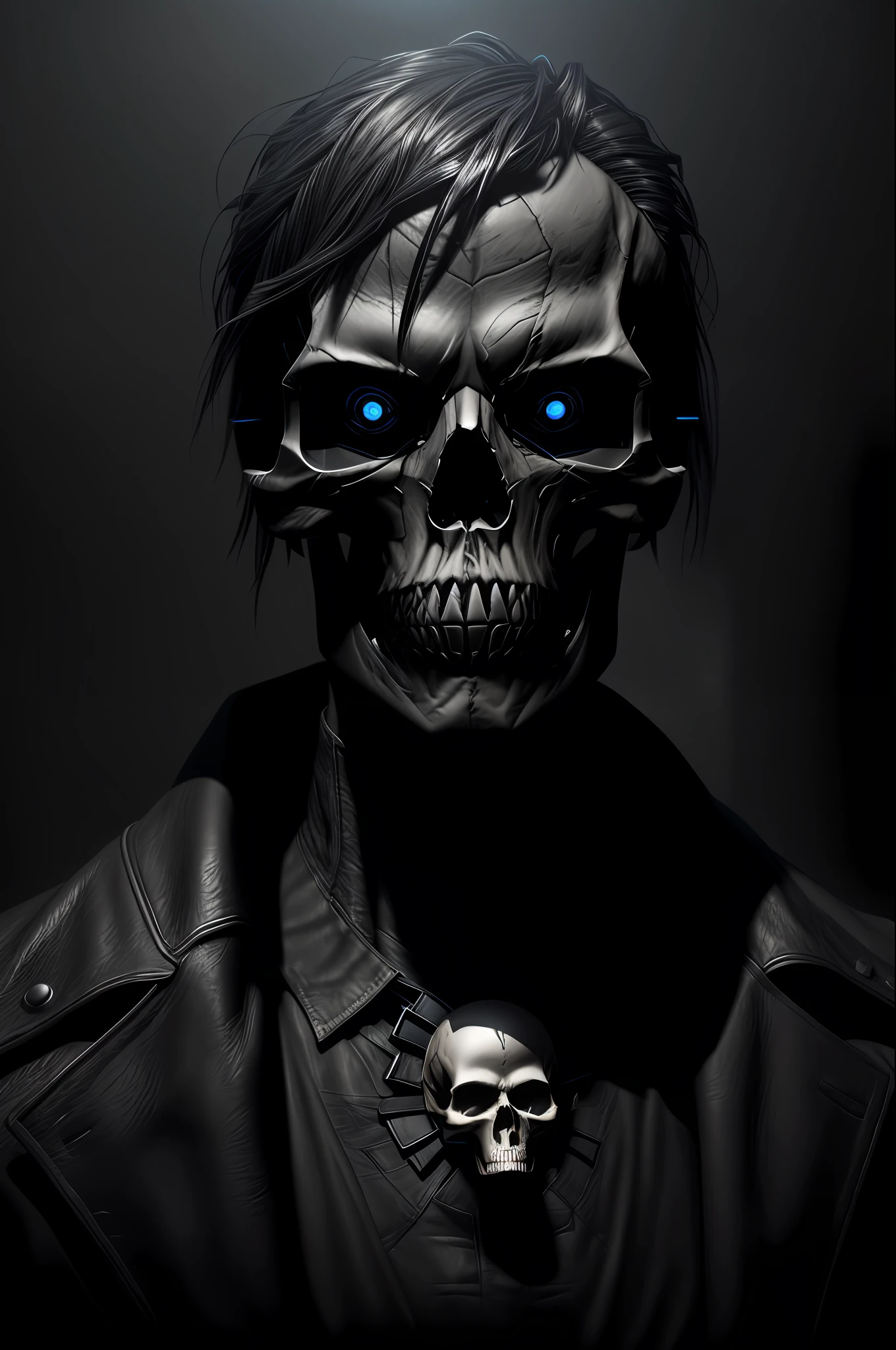 skull with blue eyes and a leather jacket on, Retrato do Exterminador do Futuro, esqueleto cyberpunk, portrait of a cyber skeleton, esqueleto do exterminador, Arte digital escura, mas detalhada, arte conceitual escura fotorrealista, Arte do Exterminador do Futuro, black octane render, irreal 5. retrato de rpg, motor unreal face azul, skull like, Retrato do humanoide masculino, 3 d render arte do caractere 8 k