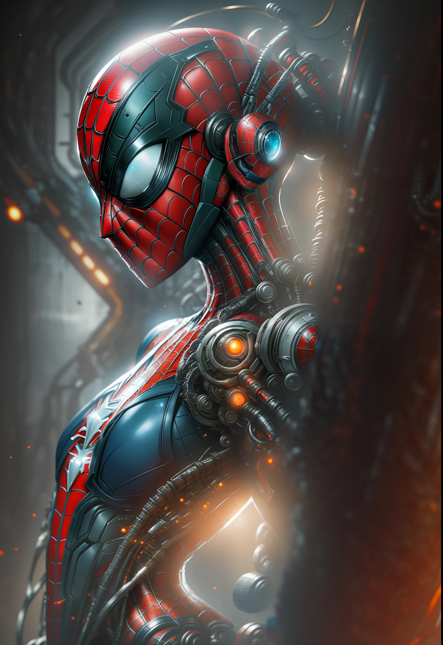 photo of Woman dressed as Spider-Man from Marvel, biomechanical, complex robot, full growth, hyper-realistic, insane small details, extremely clean lines, cyberpunk aesthetic, a masterpiece presented at Zbrush Central