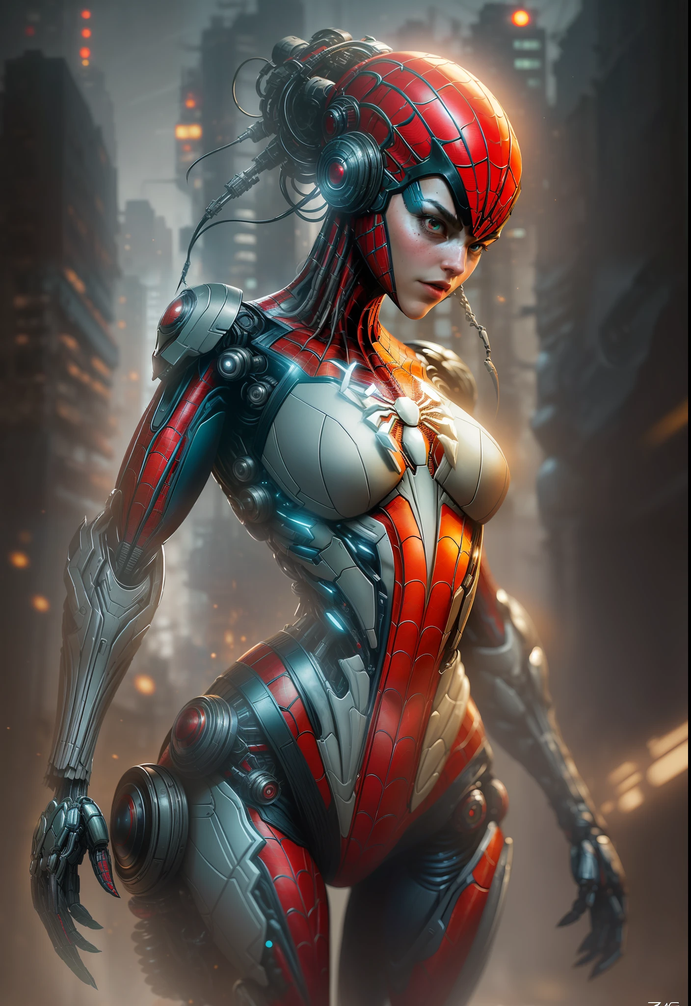 photo of Woman dressed as Spider-Man from Marvel, biomechanical, complex robot, full growth, hyper-realistic, insane small details, extremely clean lines, cyberpunk aesthetic, a masterpiece presented at Zbrush Central