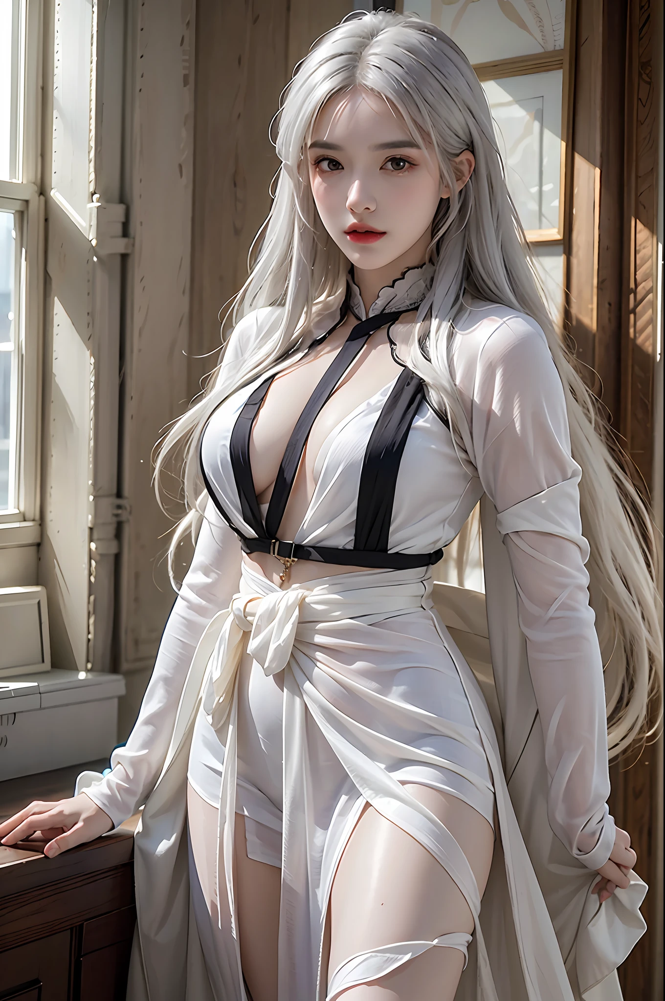 best quality, masterpiece, ultra-detailed, detailed light, (RAW photo:1.2), (photorealistic:1.4),(masterpiece:1.3),(best quality:1.4), 1girl, solo, waist up, white hair, long hair, dress, fashion accessory