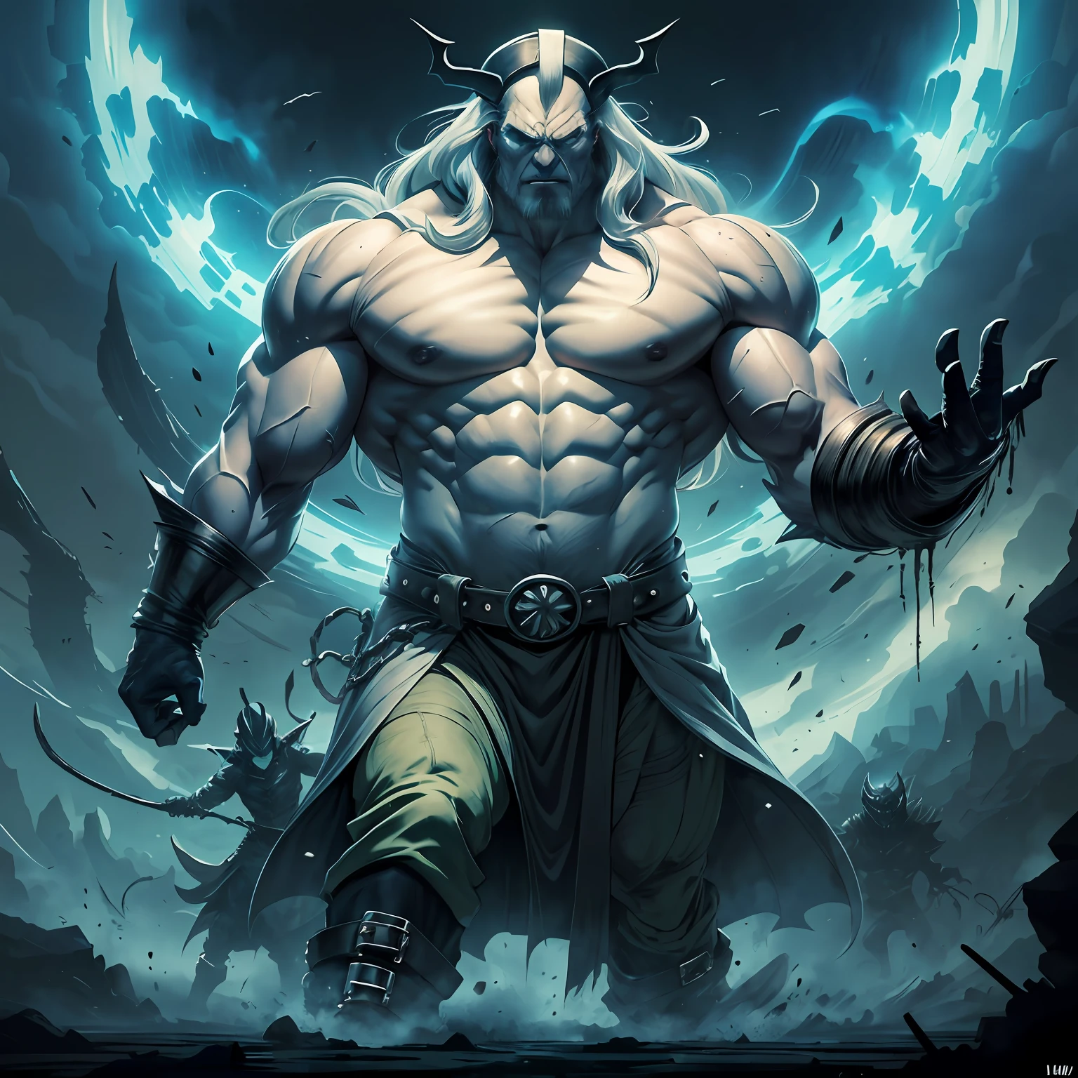 Muscular giant, masterpiece, evil, dark, realistic, long white hair, hat, overcoat, boots, 4 arms, furious, cursed, villain, destroyer, super-strength, evil aura, bloody, nightmare