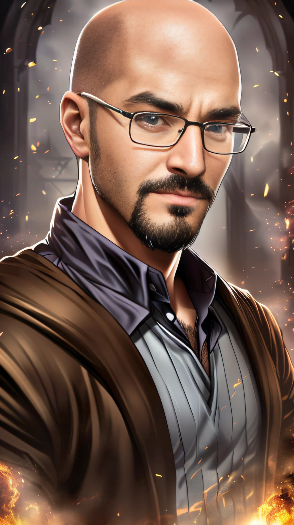 Portray a RPG Master, man, bald, goatee, brown eyes, NERD glasses, smart! Powerful! Nerd! Add elements of D&D, very powerful, HD quality, photo-realism, magic light, D&D character style, D&D book character, D&D Character. --auto --s2