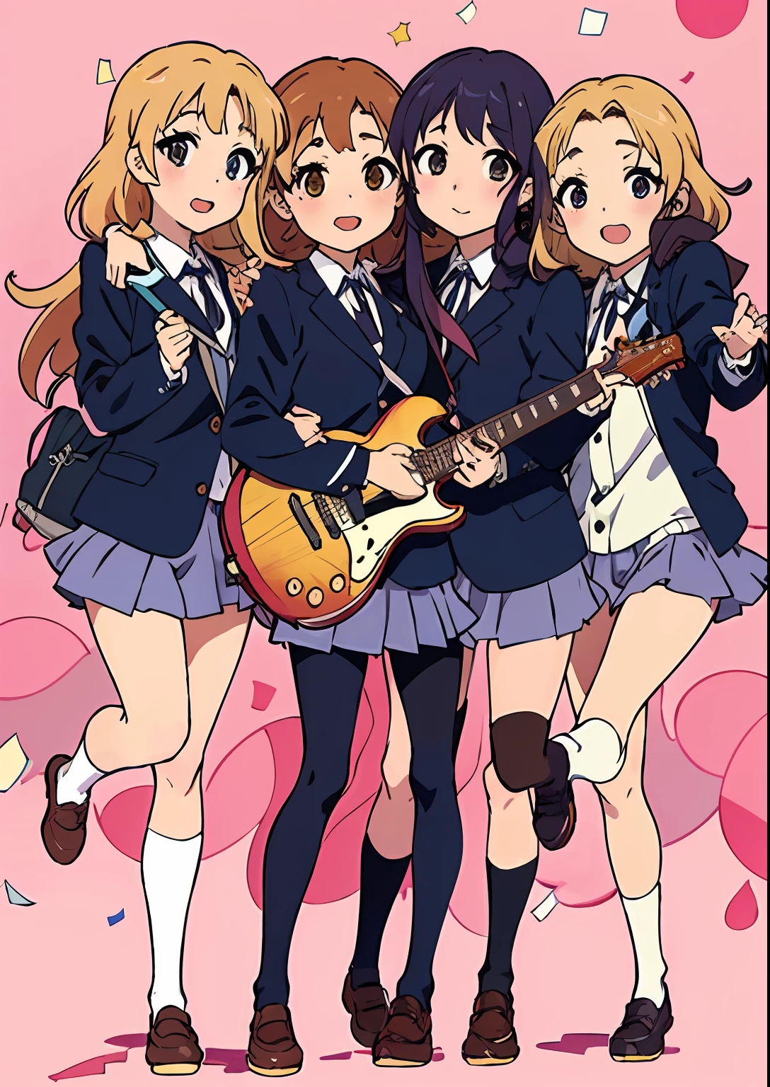 three girls in school uniforms are holding guitars and posing for a picture, k-on, k-on!, intricate anime girl k-on kyoani, anime best girl, anime girls, anime cover, ecchi anime style, arte koto no ha no niwa, kyoto animation, high school girls, in style of kyoto animation, ecchi, yuruyuri