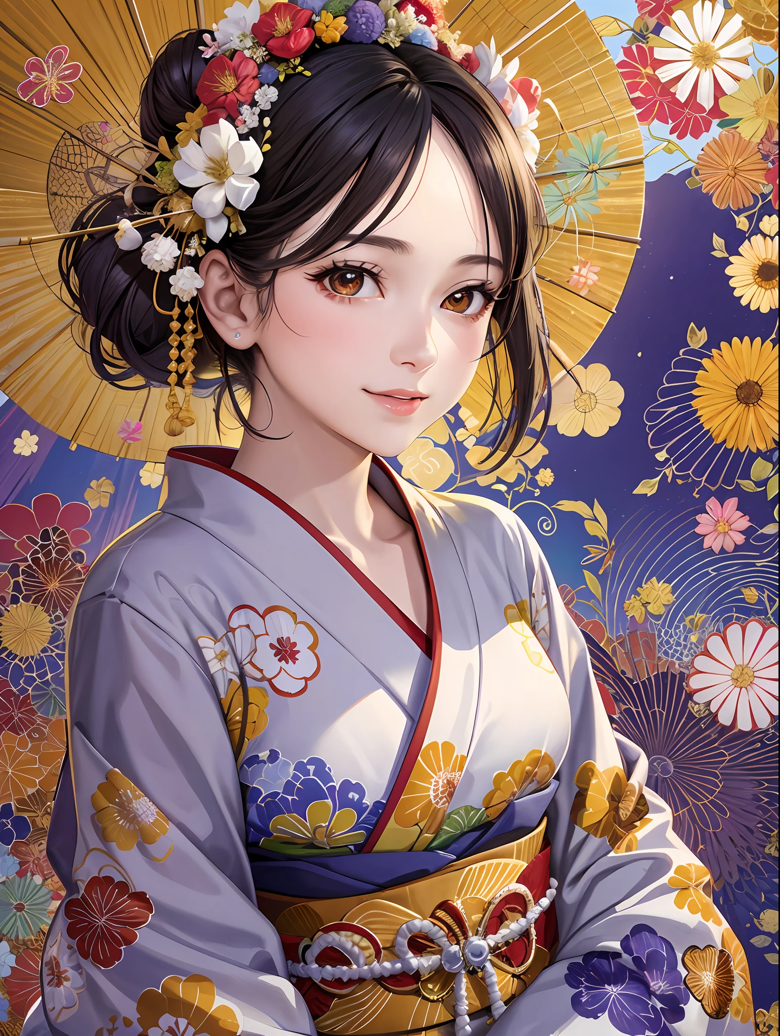 (magazine cover:1.3), (original: 1.2), masterpiece, best quality, beautiful clean face, (full body:1.1),  3d face, glowing eyes, shiny hair, lustrous skin, solo, looking at viewer, upper body, kimono --auto