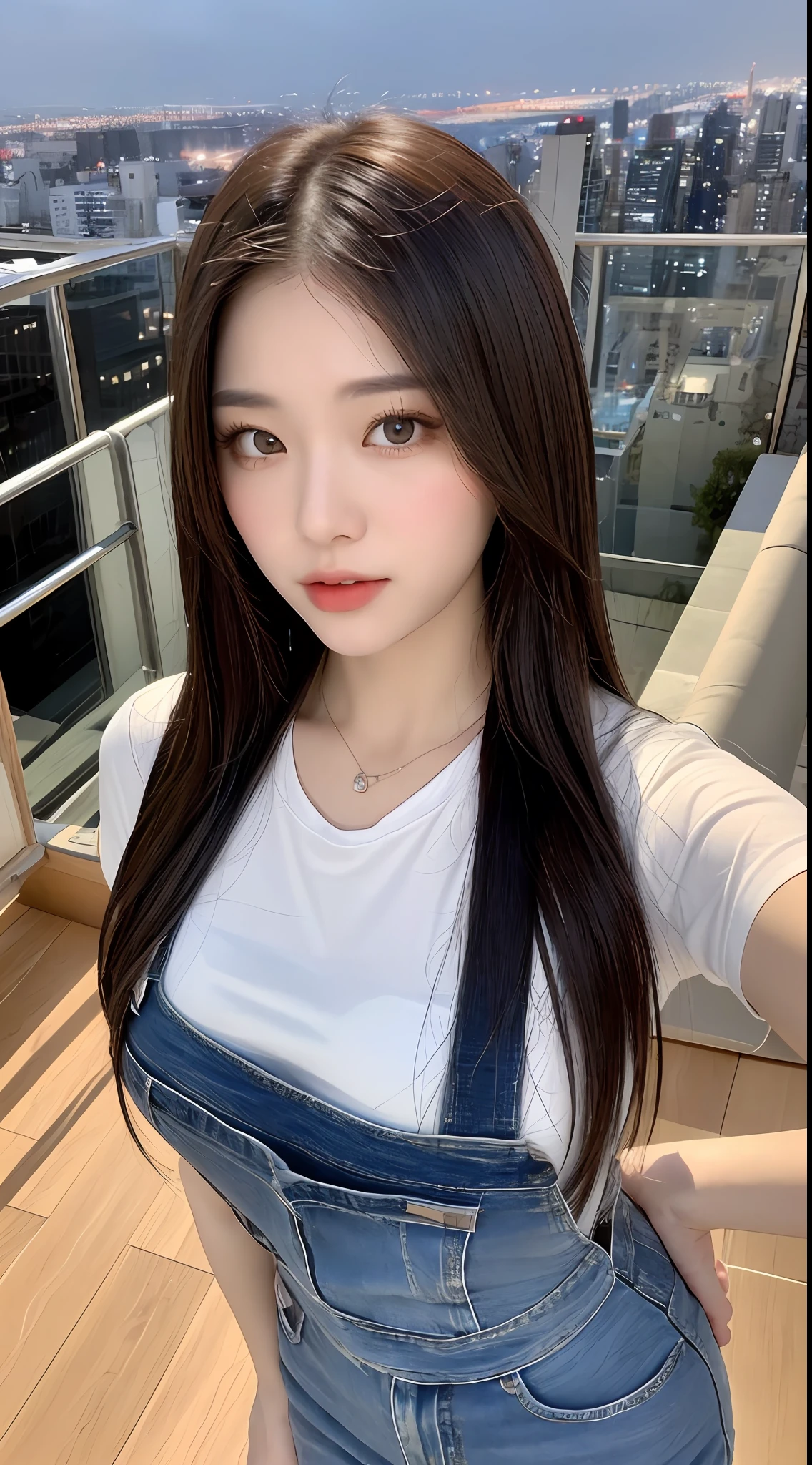 ((Midnight, Best quality, 8k, Masterpiece :1.3)), Whole body, Long legs, Sharp focus :1.2, A pretty woman with perfect figure :1.4, Slender abs :1.1, ((Dark brown hair, Big breasts :1.2)), (White tight tshirt, Jean bib, Standing:1.2), ((Night city view, Rooftop:1.3)), Highly detailed face and skin texture, Detailed eyes, Double eyelid