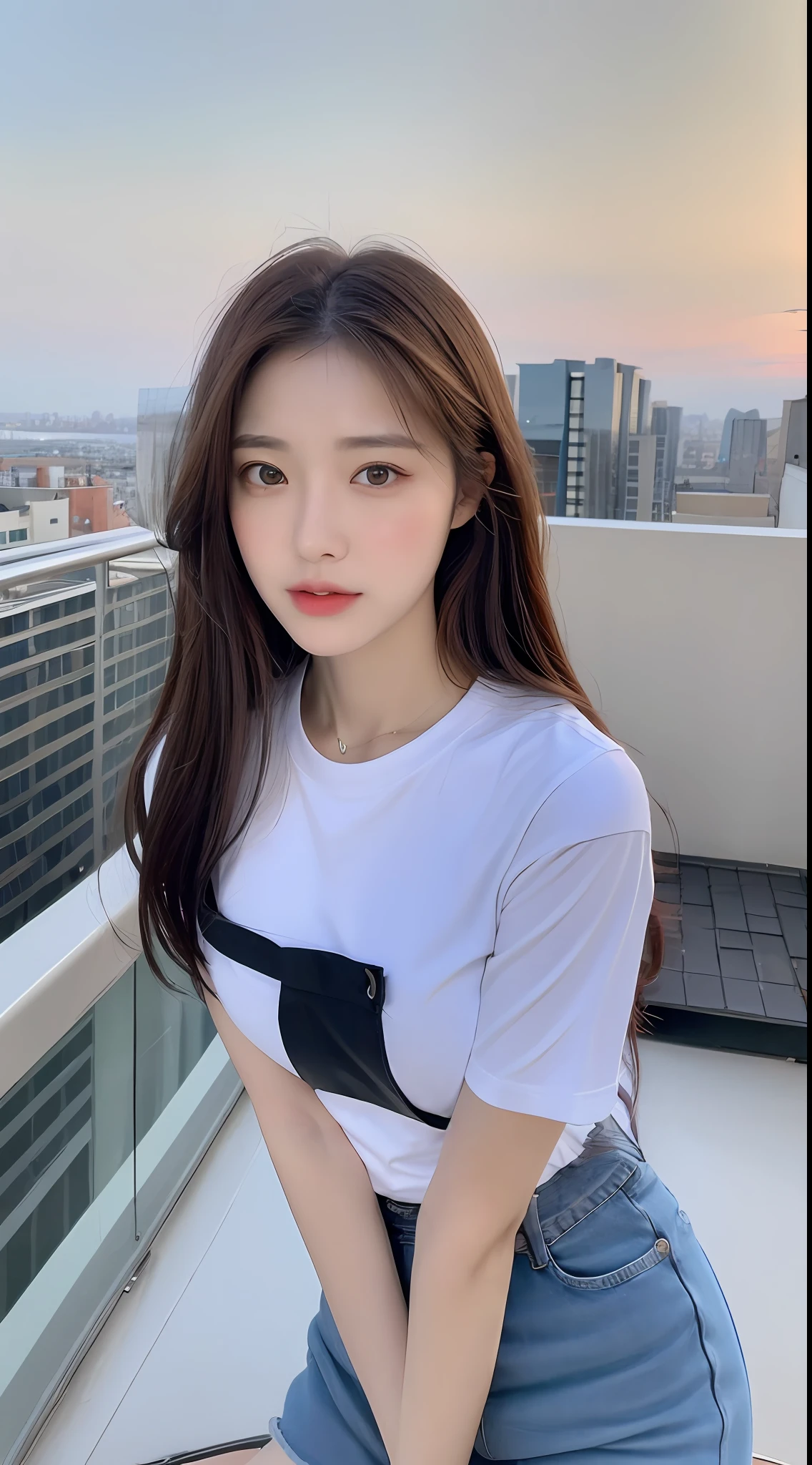 ((Midnight, Best quality, 8k, Masterpiece :1.3)), Whole body, Long legs, Sharp focus :1.2, A pretty woman with perfect figure :1.4, Slender abs :1.1, ((Dark brown hair, Big breasts :1.2)), (White tight tshirt, Jean bib, Standing:1.2), ((Night city view, Rooftop:1.3)), Highly detailed face and skin texture, Detailed eyes, Double eyelid