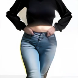30-year-old beauty, messy hair, sexy, plump, white skin, perfect body, (black mask), (white turtleneck sweater), (light blue denim flared trousers), full body lens, front, outdoors, pants legs cover shoes, natural standing, facing the camera, standing posture, breast augmentation fat buttocks, big thick legs, (black low heels)