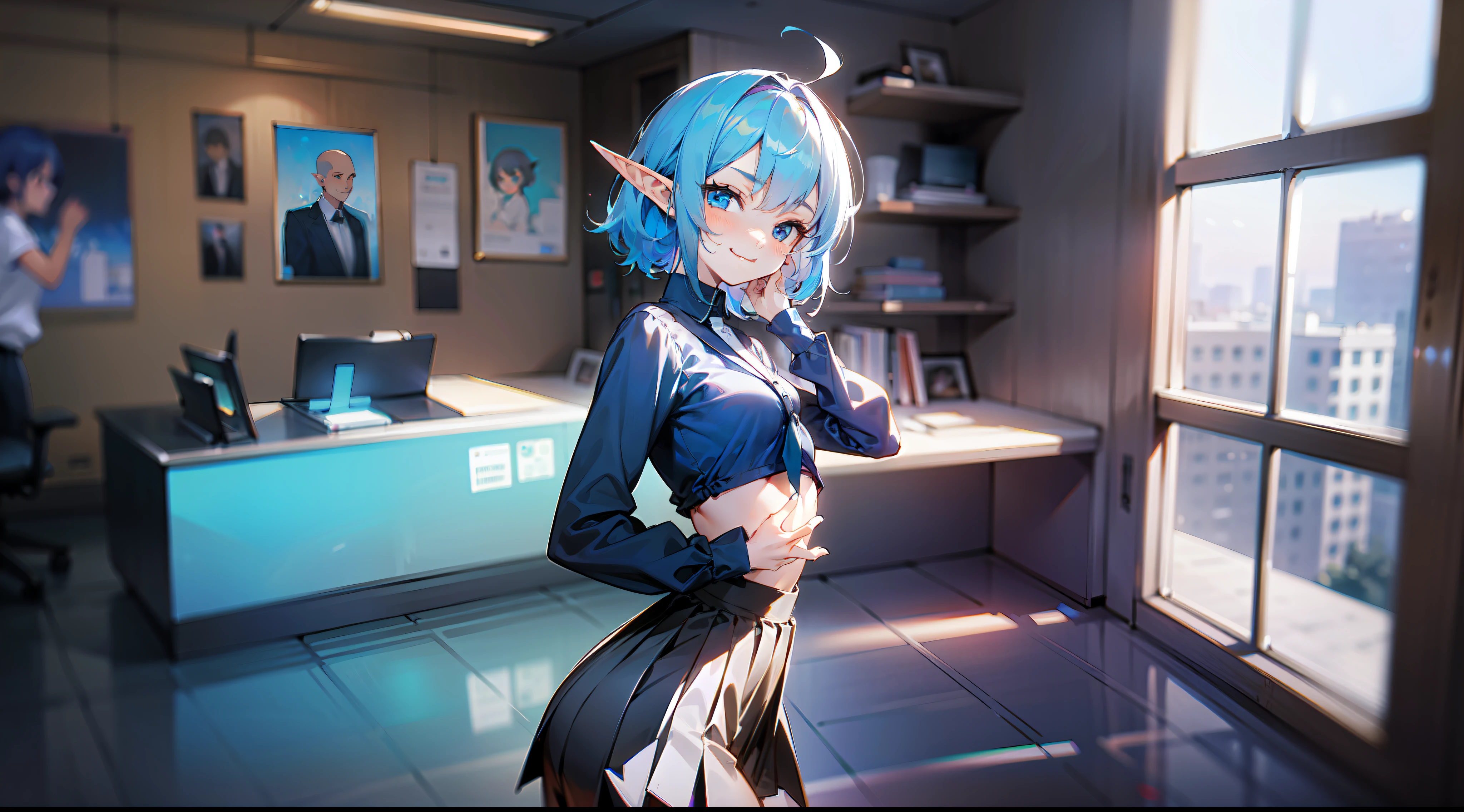 A masterpice、Ultra high image quality、High Accuracy、Young cute beautiful elf、smile on face、Art Works、Fierce dance、ful body、High Contrast、smalll breasts、Tied waist、small ass、ruffles、Wearing black spats、Oversized clothes、Office Worker、Pleated skirt in blue color、View from the floor