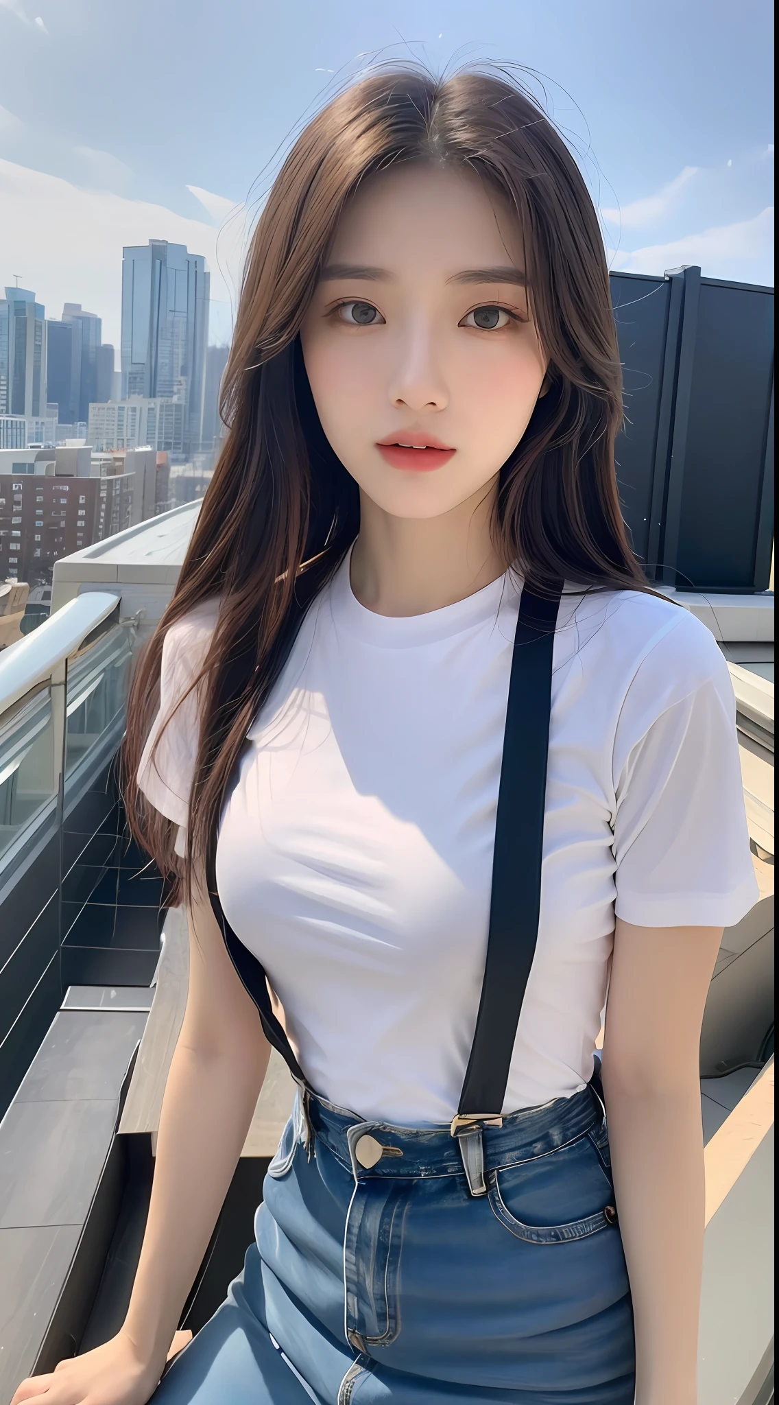 ((Midnight, Best quality, 8k, Masterpiece :1.3)), Whole body, Long legs, Sharp focus :1.2, A pretty woman with perfect figure :1.4, Slender abs :1.1, ((Dark brown hair, Big breasts :1.2)), (White tight tshirt, Jean bib, Standing:1.2), ((Night city view, Rooftop:1.3)), Highly detailed face and skin texture, Detailed eyes, Double eyelid