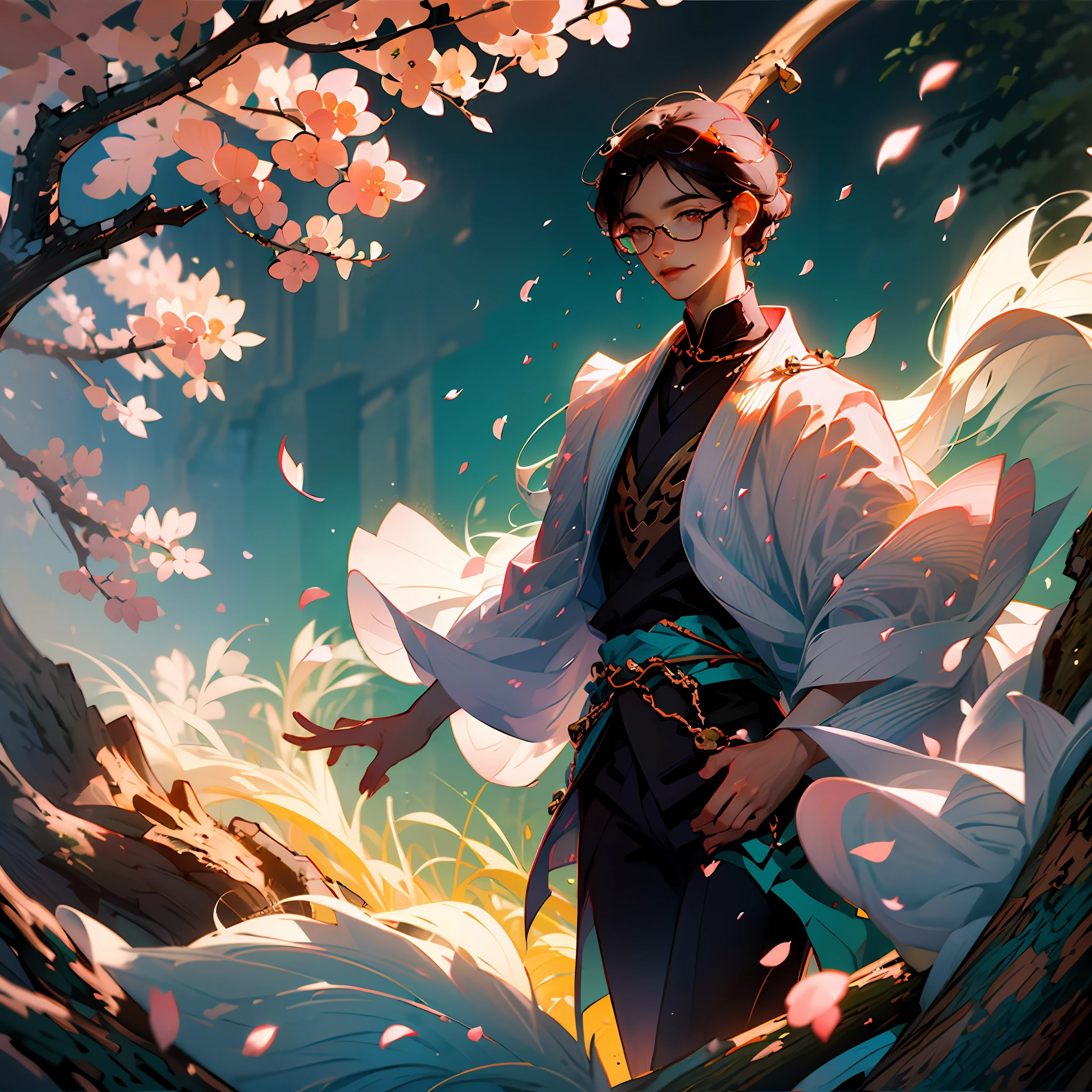 (megane:1.2+shiraga:1.4),sakura petals falling(hanabira),sorcerer (sorsello), yorusa(smiling),complex composition,uneasy atmosphere, black-clad, (man:1.1+juvenile:1.3), 4k and 8k resolution, full-body shot, cherry blossom in full bloom (mankai).