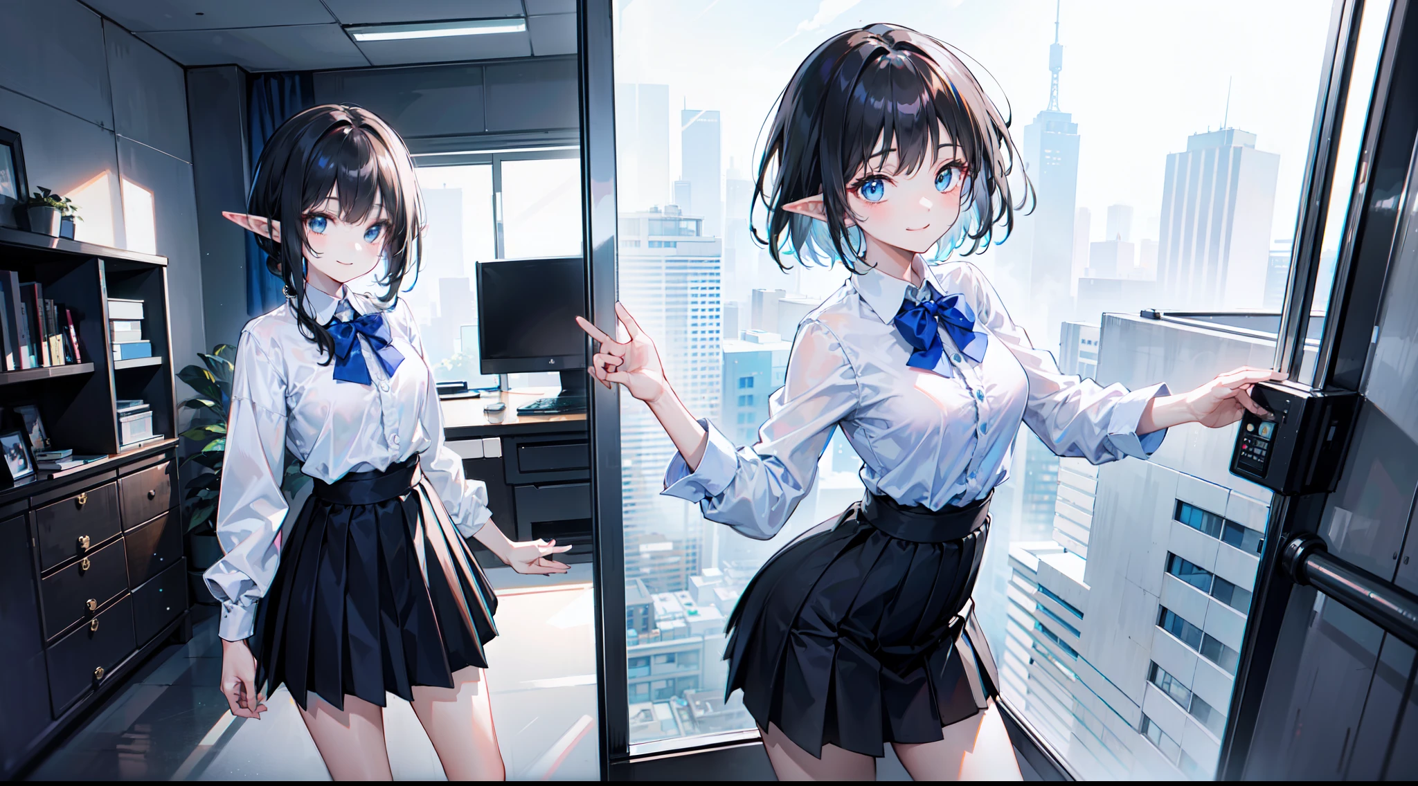 A masterpice、Ultra high image quality、High Accuracy、Young cute beautiful elf、smile on face、Art Works、Hard dancing、ful body、High Contrast、smalll breasts、Tied waist、small ass、ruffles、Wearing black spats、Oversized clothes、Office Worker、Pleated skirt in blue color、View from the floor
