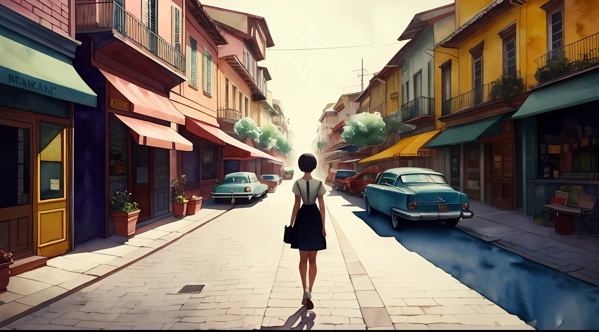 /imagine prompt: watercolor of In the style of retro Watercolor painting painting, Short hair girl back, no facial features, Short white skirt, dim atmosphere, Yellow light, black cat silhouette, White rose, Soft lines, color pastel, Center the composition, Soft light, Retro, Renaissance,street corner。 --auto